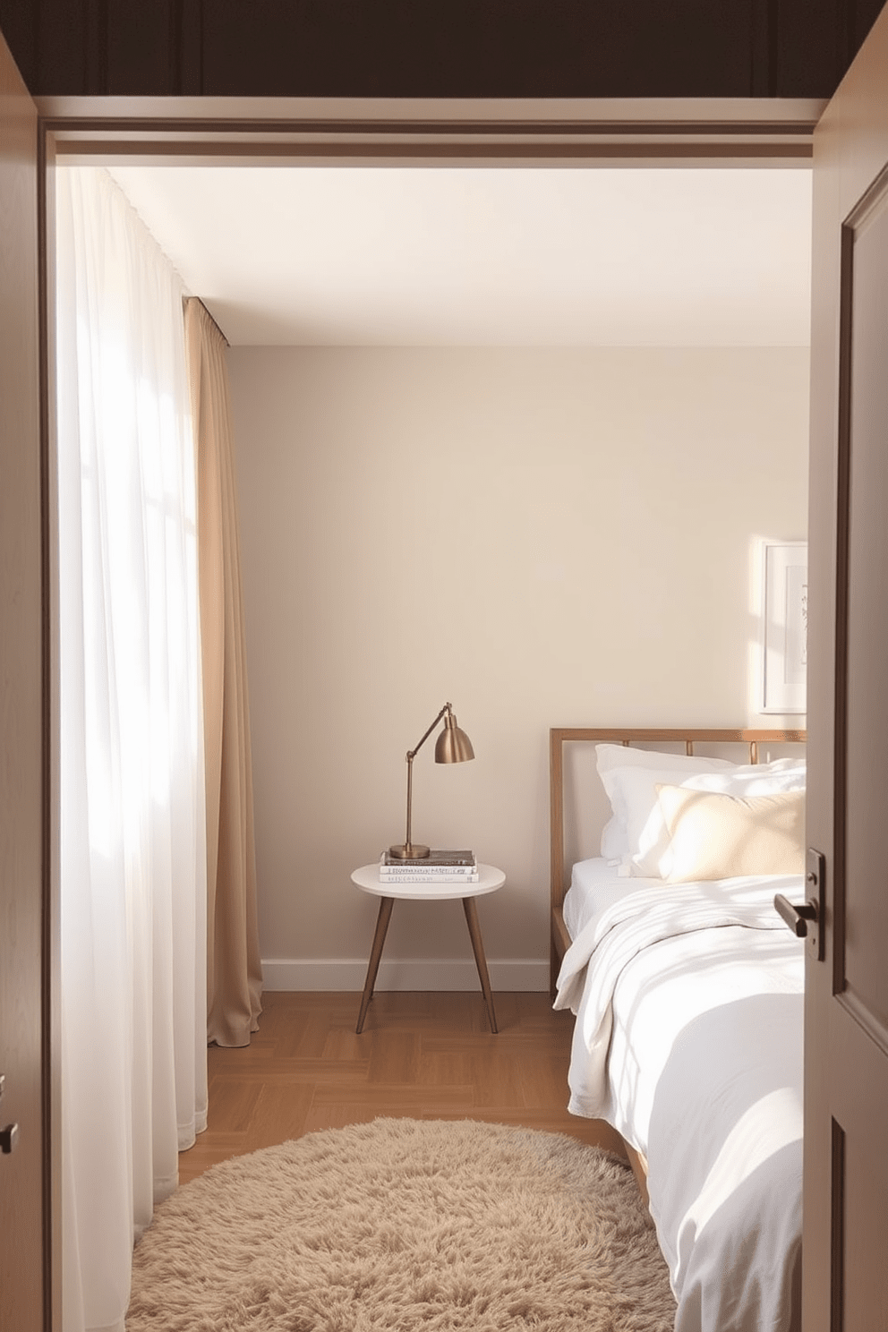 A cozy small bedroom featuring a slim bed frame with a minimalist headboard. The walls are painted in a soft pastel hue, and a stylish bedside table holds a small lamp and a stack of books. Natural light filters through sheer curtains, creating a warm and inviting atmosphere. A plush area rug lies underfoot, adding texture and comfort to the space.