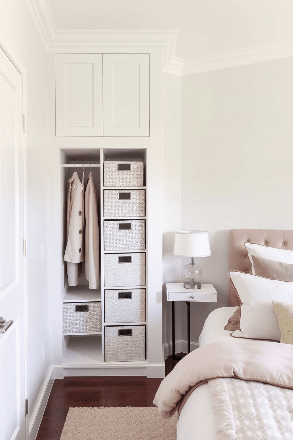 A cozy small bedroom featuring a minimalist design with a built-in closet utilizing decorative boxes for hidden storage. The walls are painted in soft pastel tones, and a plush bed with neutral bedding sits against one wall, complemented by a small bedside table with a stylish lamp.