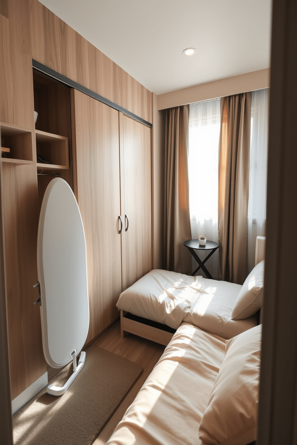 A cozy small bedroom featuring a foldable ironing board integrated into the design. The room includes a compact bed with built-in storage underneath and soft, neutral bedding to create a relaxing atmosphere. On one side of the room, a small closet maximizes space with sliding doors and organized shelving. Natural light filters through sheer curtains, illuminating a corner with a stylish chair and a small side table for added comfort.