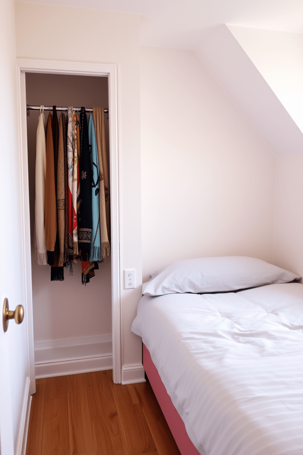 A cozy small bedroom featuring a compact closet. The closet utilizes a tension rod to elegantly display a collection of colorful scarves, adding a touch of personal style to the space. The walls are painted in a soft pastel hue, creating a serene atmosphere. A minimalist bed with plush bedding is positioned opposite the closet, maximizing floor space while ensuring comfort.