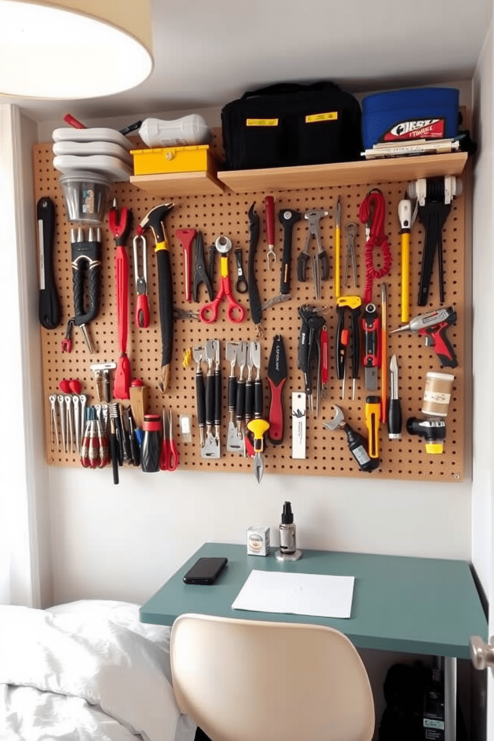 A small bedroom featuring a pegboard wall for tools and accessories. The pegboard is mounted above a compact desk, creating a functional workspace with organized storage for small items.