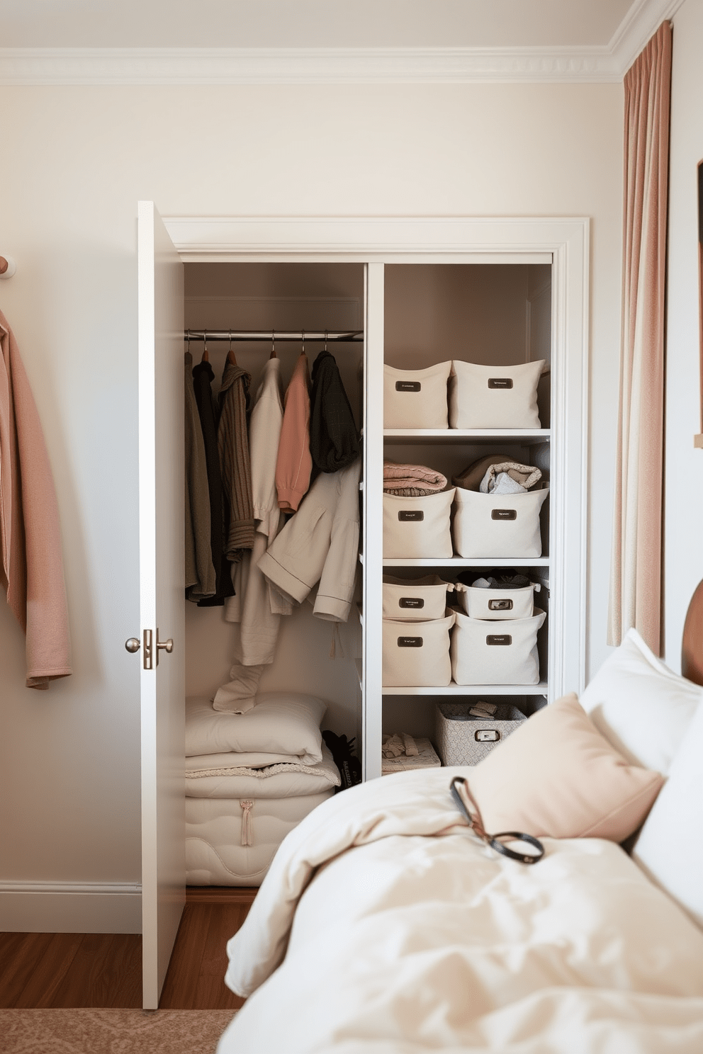 A cozy small bedroom featuring a compact closet designed with fabric organizers to neatly store delicate items. The walls are painted in a soft pastel color, and the bed is adorned with plush bedding that complements the overall aesthetic.