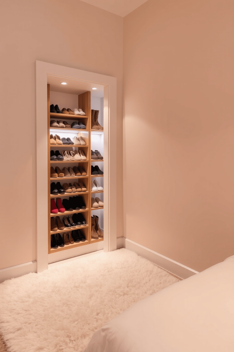 A cozy small closet bedroom features a stylish shoe rack tucked into one corner. The shoe rack is made of natural wood with a minimalist design, displaying an array of neatly arranged shoes in various colors. Soft lighting illuminates the space, creating a warm and inviting atmosphere. The walls are painted in a soft beige, complemented by a plush area rug that adds comfort underfoot.