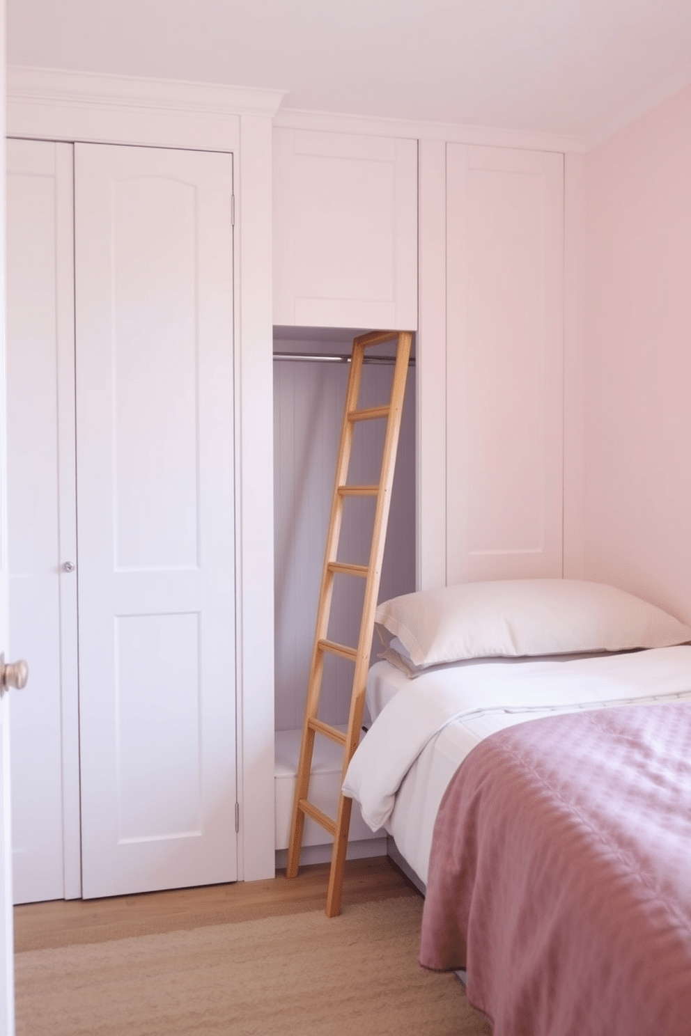 A cozy small bedroom featuring a compact closet design. A small wooden ladder leans against the closet for easy access to upper storage. The walls are painted in a soft pastel color to create an inviting atmosphere. A neatly made bed with layered bedding sits against one wall, enhancing the room's charm.