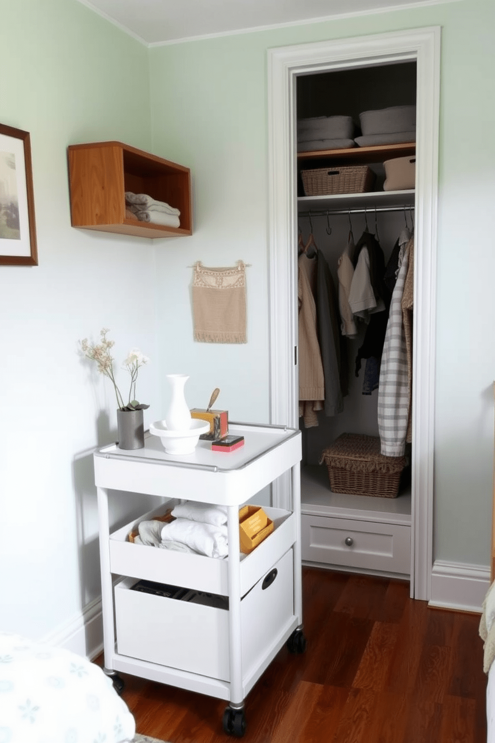 A cozy small bedroom featuring a rolling cart for added mobility. The cart is styled with decorative items and serves as a bedside table, enhancing the room's functionality and charm. The walls are painted in a soft pastel color, creating a serene atmosphere. A compact bed with built-in storage underneath maximizes space, while a small closet is neatly organized with shelves and hooks for efficient storage solutions.