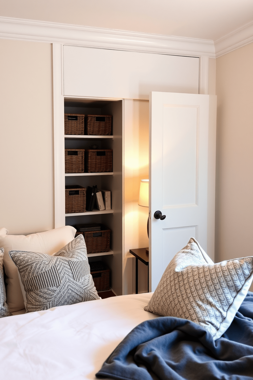 A cozy small bedroom featuring a compact closet designed for organized storage. The closet is adorned with woven baskets neatly arranged on shelves, providing a stylish solution for keeping items tidy. Soft, neutral tones dominate the room, complemented by a plush bed with decorative pillows. A small bedside table holds a lamp, creating an inviting atmosphere perfect for relaxation.