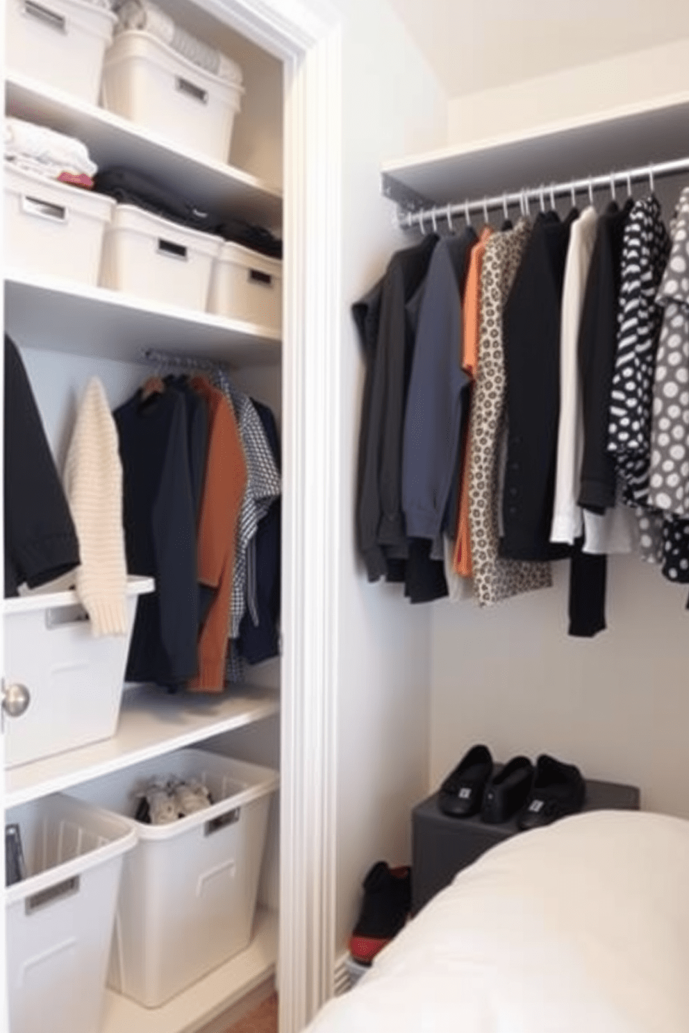 Create a seasonal clothing rotation system that maximizes space and organization. Incorporate labeled bins for different seasons and a hanging rod for frequently used items. Small closet bedroom design ideas should focus on utilizing vertical space and multifunctional furniture. Consider adding shelves above the hanging area and using under-bed storage to keep the space tidy.