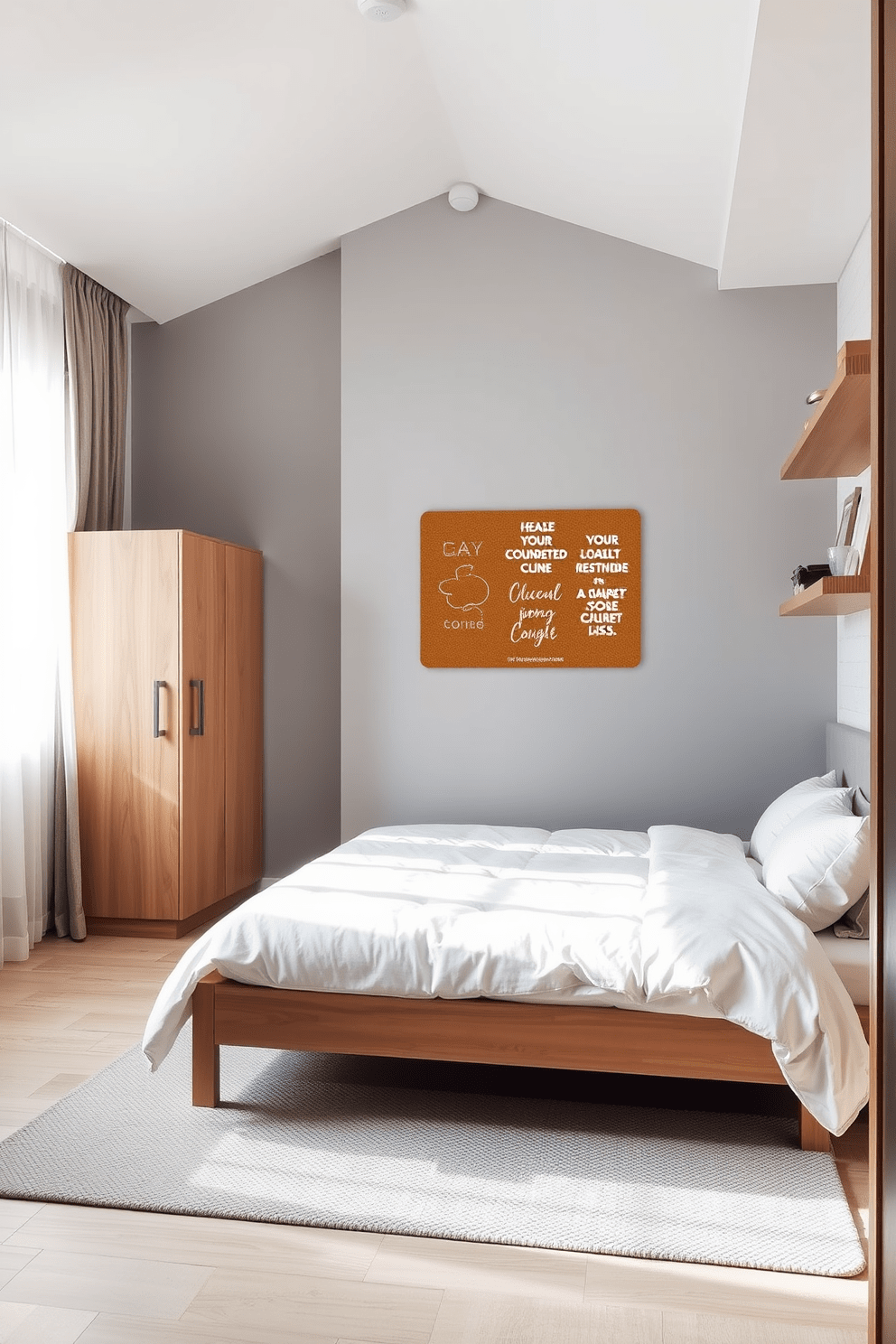 A cozy small bedroom featuring a minimalist design with a queen-sized bed positioned against a light gray accent wall. A corkboard is mounted above a sleek wooden desk, adorned with inspirational quotes and reminders, while a soft area rug lies beneath the bed. To the left of the bed, a compact wardrobe offers ample storage, complemented by floating shelves displaying decorative items. The room is illuminated by natural light streaming through sheer curtains, creating a warm and inviting atmosphere.