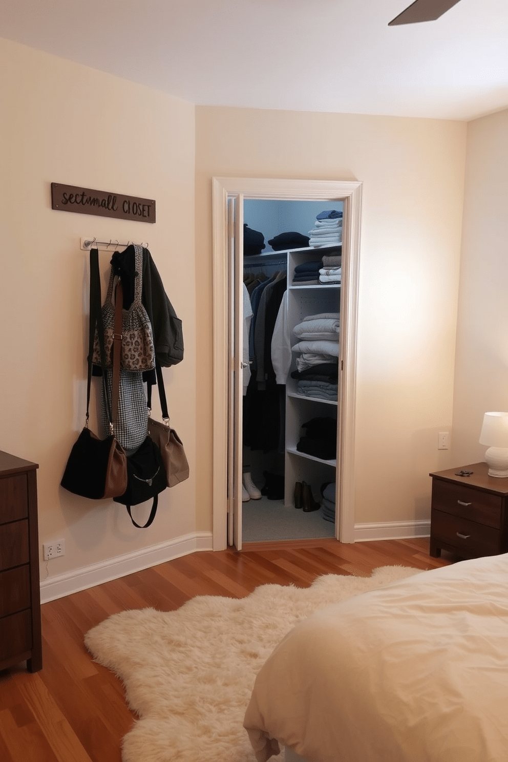 A cozy bedroom featuring a small closet optimized for space. The walls are painted in a soft beige tone, and a wall-mounted rack for bags is neatly arranged near the entrance. Inside the closet, shelves are organized with neatly folded clothes and accessories. A plush area rug lies on the wooden floor, adding warmth to the room's inviting atmosphere.