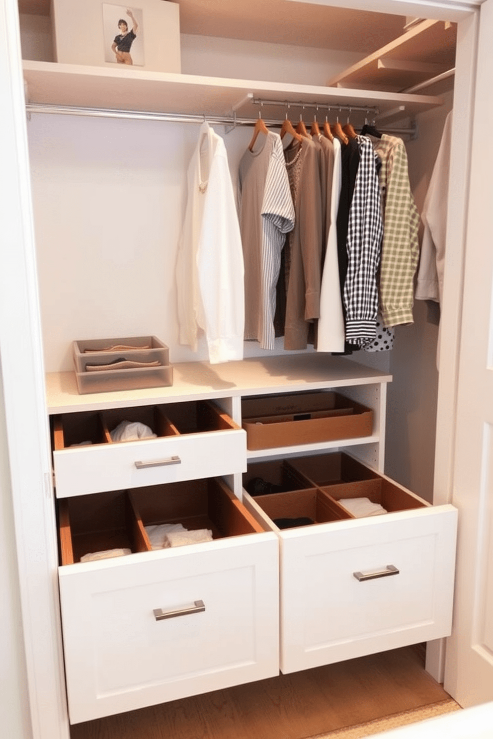 A small bedroom closet design featuring drawer dividers for optimal organization. The closet is equipped with a combination of hanging space and shelves, maximizing storage efficiency while maintaining a clean aesthetic.