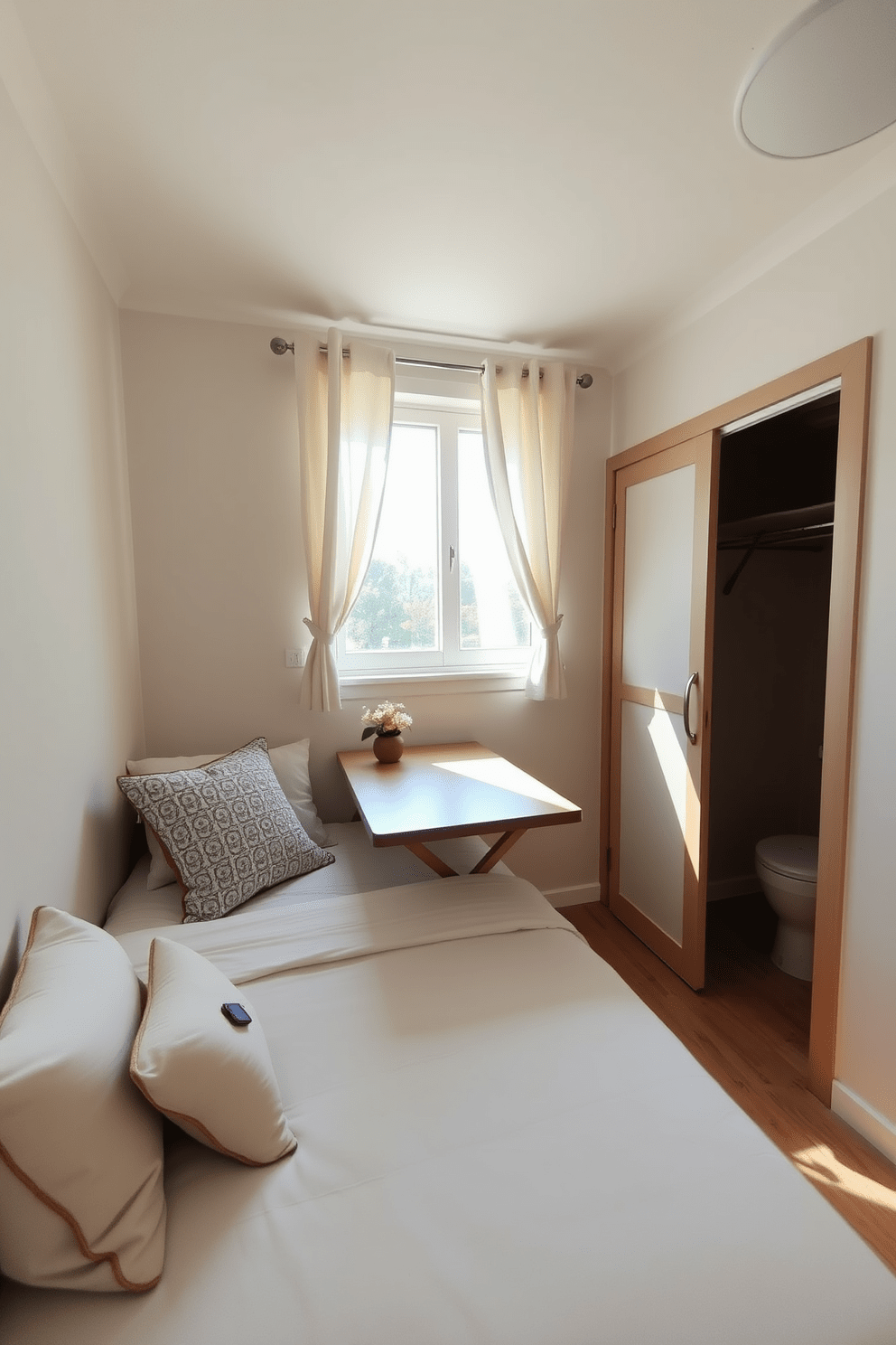 A cozy small bedroom featuring a fold-down table that serves as a functional workspace. The walls are painted in a soft pastel hue, and the bed is positioned against one wall with decorative pillows for added comfort. To maximize space, a small closet with sliding doors is integrated into the design. Natural light streams in through a window adorned with light, airy curtains, creating a bright and inviting atmosphere.