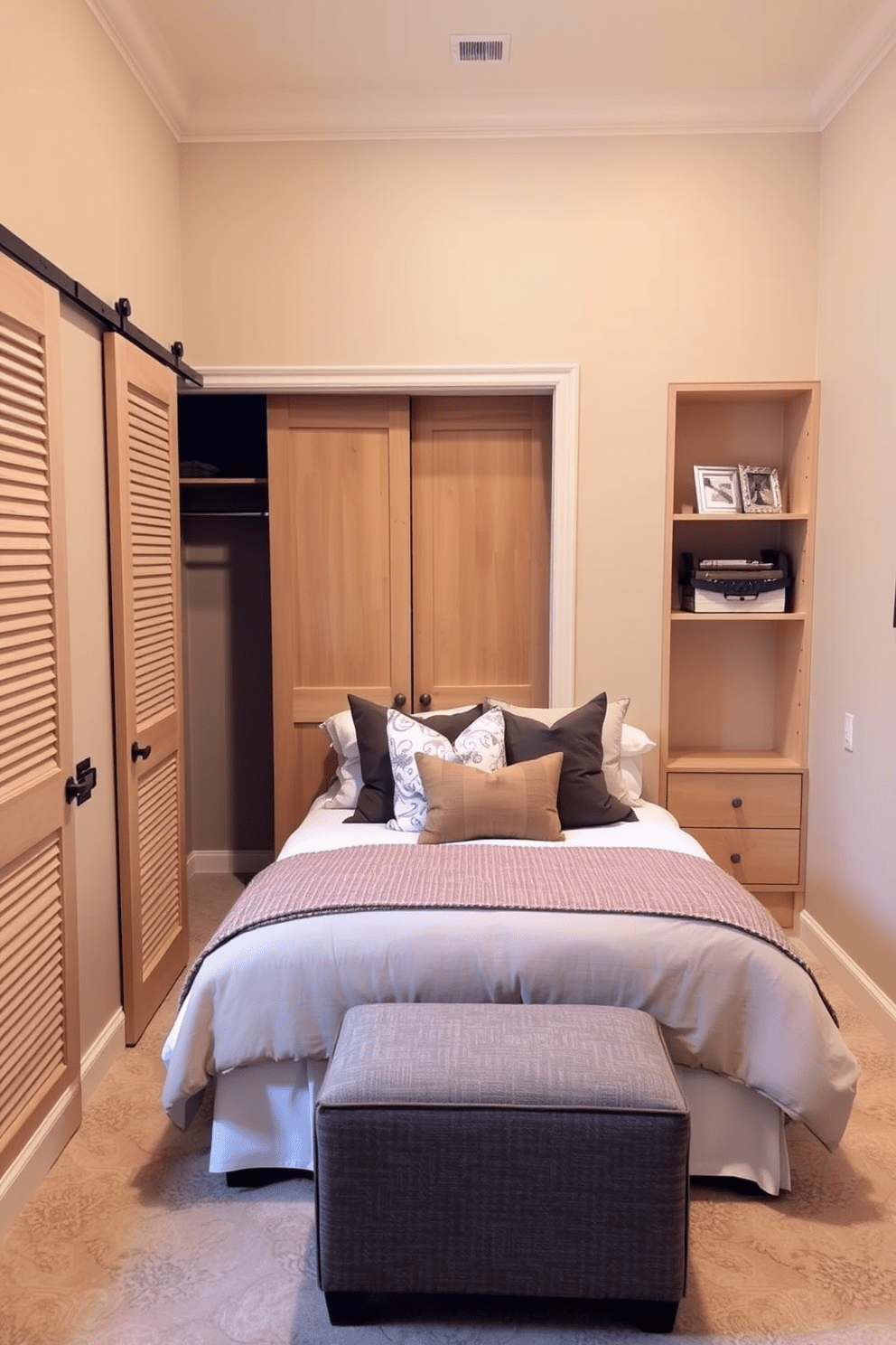 A cozy bedroom featuring a small closet with sliding doors and built-in shelving. The walls are painted in a soft beige, creating a warm and inviting atmosphere. In the center of the room, a plush bed is adorned with decorative pillows and a textured throw blanket. A small ottoman sits at the foot of the bed, providing extra seating and a stylish accent.