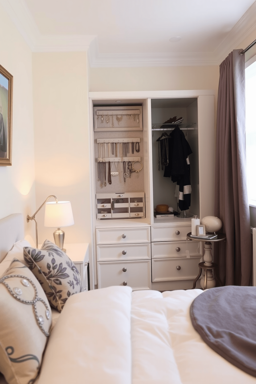 A cozy small bedroom featuring a designated jewelry section. The space includes a compact wardrobe with an organized jewelry display, showcasing elegant necklaces and bracelets on a soft velvet surface. The walls are painted in a light pastel hue, enhancing the room's brightness. A plush bed with decorative pillows sits against one wall, while a small bedside table holds a stylish lamp and a few personal items.