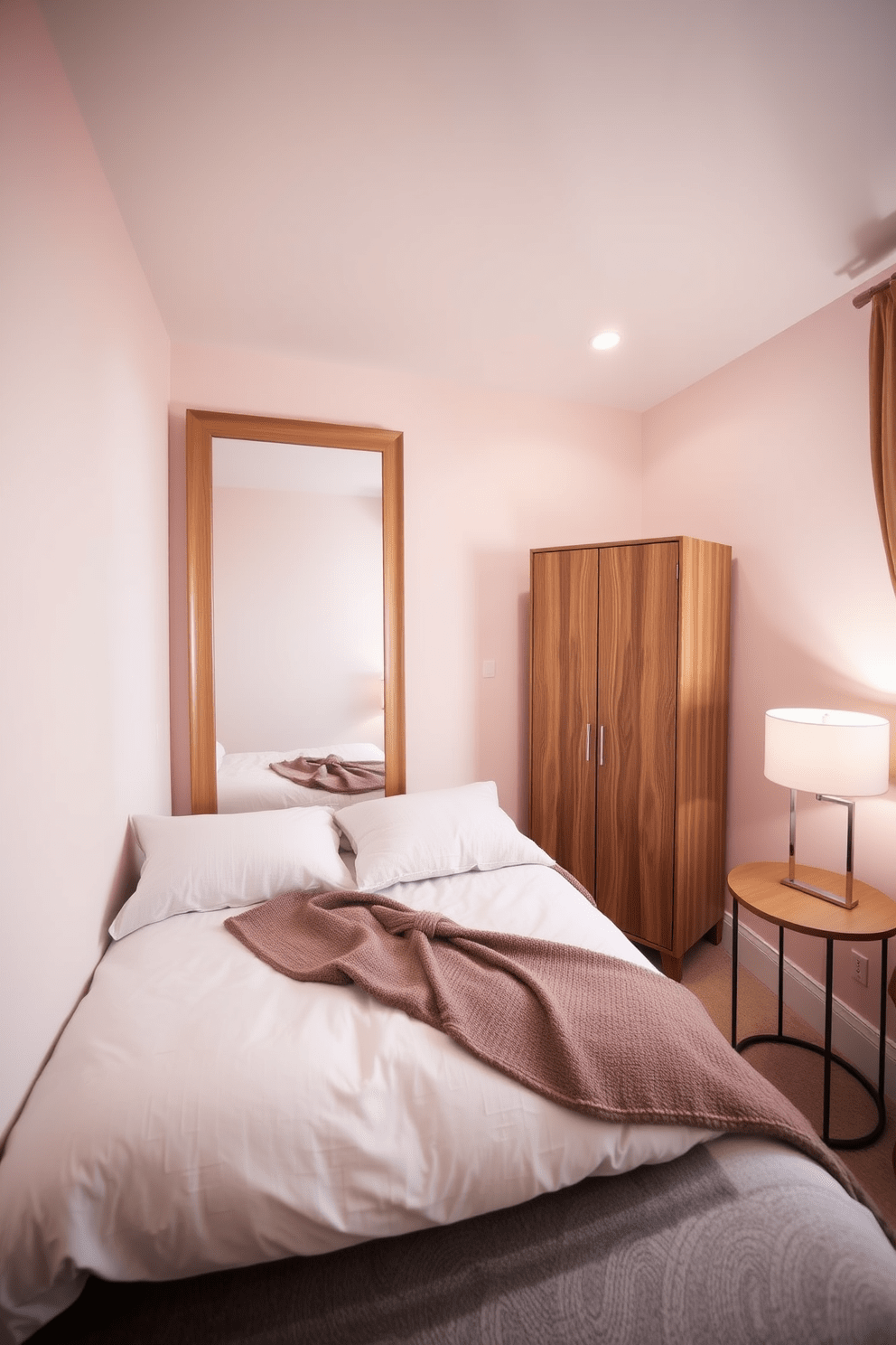 A cozy small bedroom featuring a compact bed with plush bedding against a soft pastel wall. A full-length mirror is positioned opposite the bed to enhance the sense of space and depth. In the corner, a small wooden wardrobe complements the decor, providing stylish storage solutions. A bedside table with a sleek lamp adds a touch of elegance while maximizing functionality.