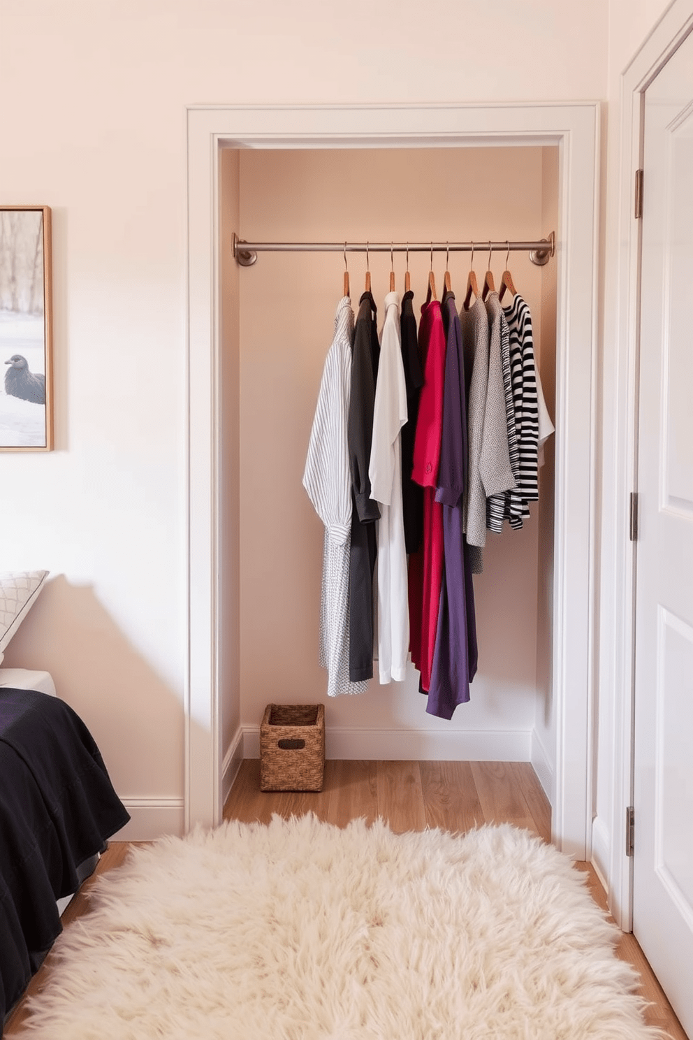 A small bedroom closet features a stylish hanging rod for clothes display, elegantly showcasing a curated selection of garments. The walls are painted in a soft pastel hue, and the floor is adorned with a plush area rug that adds warmth to the space.