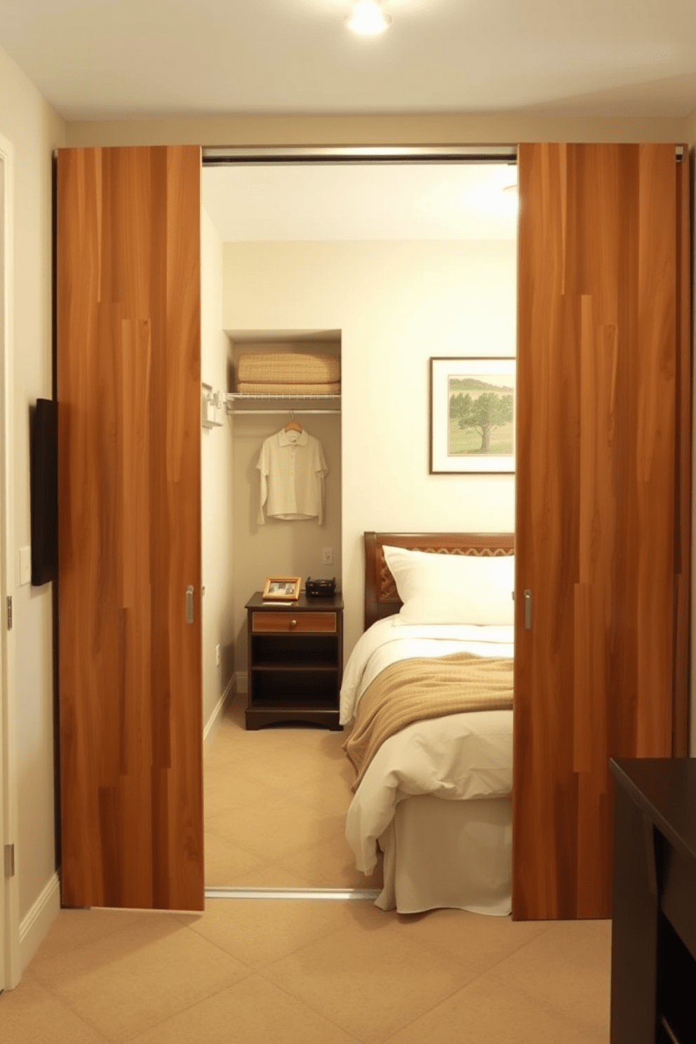 A small bedroom featuring space-saving sliding doors that open to a compact closet. The room is decorated with a light color palette, and a cozy bed with soft linens is positioned against one wall.