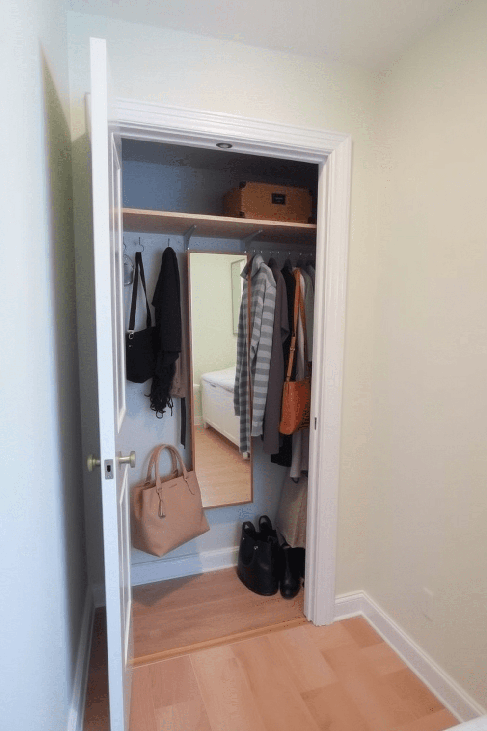 A cozy small bedroom closet designed for optimal organization and style. The walls are painted in a soft pastel color, and the flooring features light hardwood. Incorporated into the design are hooks for accessories and bags, neatly arranged to maximize space. Shelves are installed above the hanging area for additional storage, and a full-length mirror is positioned on the door for functionality.