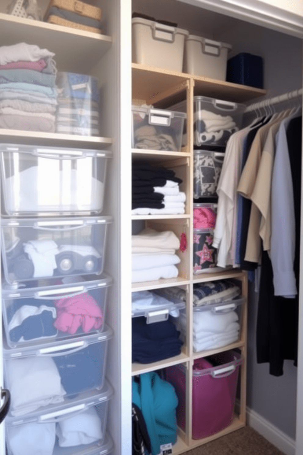 A small bedroom closet designed for maximum organization features clear bins for visibility, allowing easy access to clothing and accessories. The bins are neatly arranged on shelves, creating a streamlined look while the walls are painted in a soft, calming color to enhance the space.