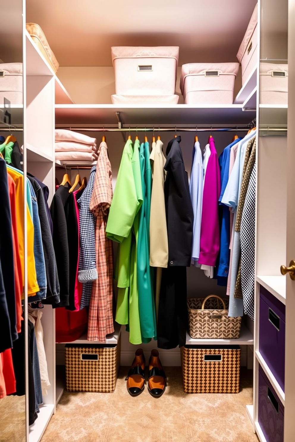 A color-coded wardrobe section is organized by shades, creating a visually pleasing and harmonious look. Each section features neatly arranged clothing items, with vibrant hues on one side transitioning to softer tones on the other. The small closet bedroom design incorporates clever storage solutions to maximize space. Shelves are utilized above the hanging clothes, and decorative bins store accessories, ensuring a tidy and stylish environment.