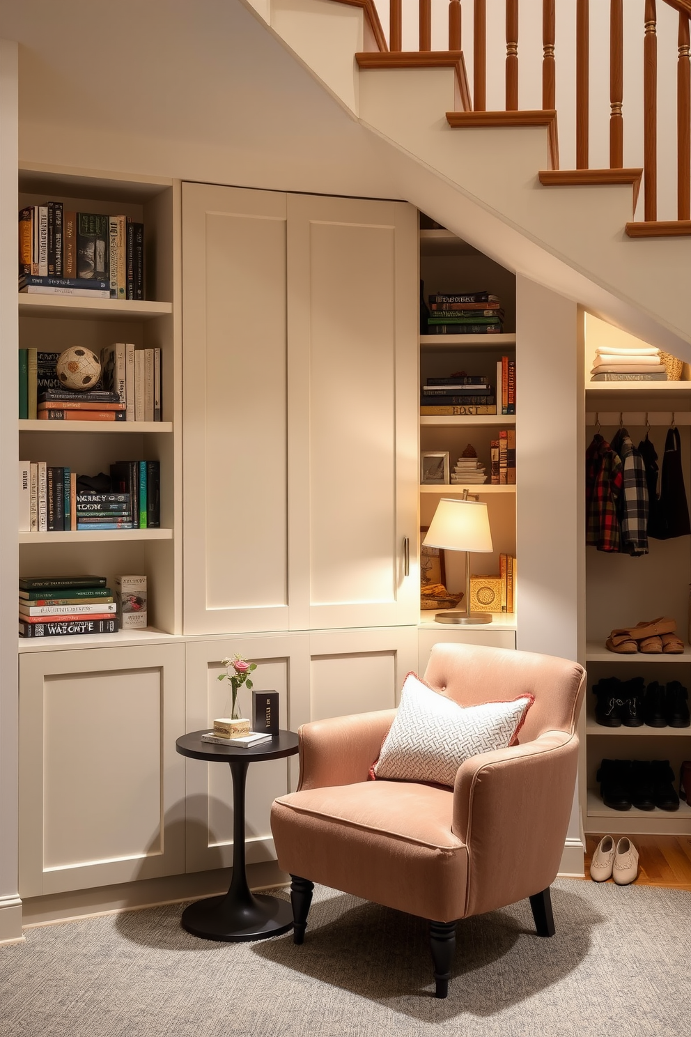 Cozy reading nook with built-in shelves. A plush armchair is positioned next to a small side table, creating an inviting space for relaxation. The built-in shelves are filled with books and decorative items, adding warmth and personality to the nook. Soft lighting from a nearby lamp enhances the cozy atmosphere, making it the perfect spot for reading. Small closet under staircase design ideas. The closet features sliding doors that blend seamlessly with the staircase, maximizing space efficiency. Inside, there are organized shelves and hooks to store shoes, bags, and other essentials, keeping the area tidy and functional.