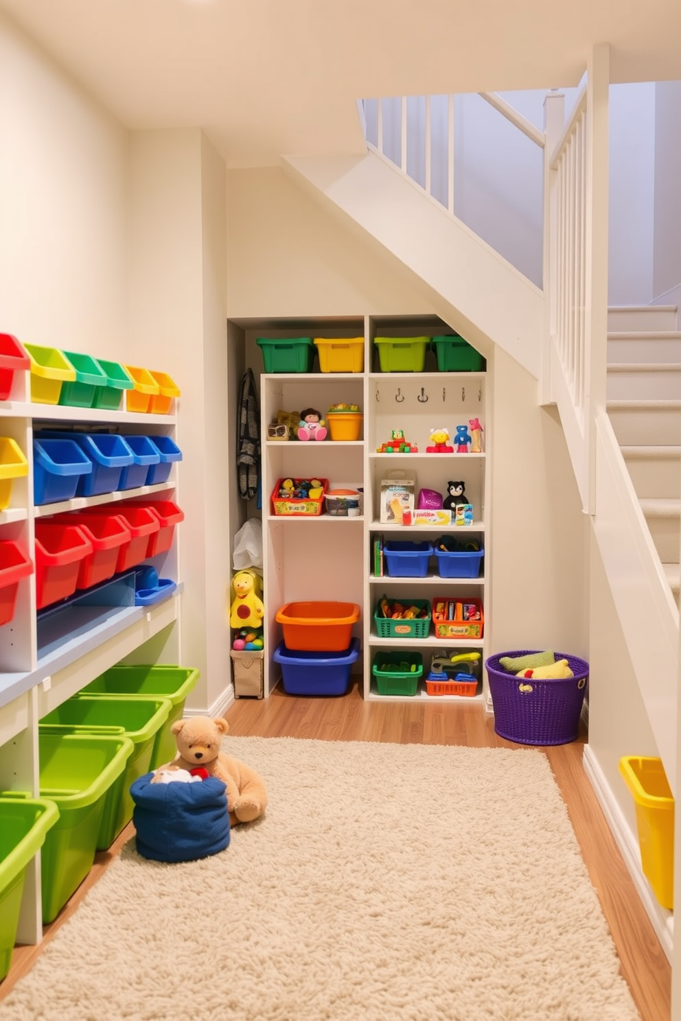 A smart kids play area features colorful storage bins neatly organized along the walls. The floor is covered in a soft, durable rug, providing a cozy space for children to play and explore. The small closet under the staircase is designed with built-in shelves and hooks for easy access to toys and games. Soft lighting illuminates the space, making it feel inviting and functional.