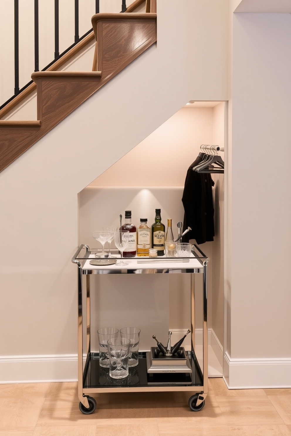 A sleek bar cart is elegantly positioned against a wall, showcasing an array of crystal glassware and a selection of premium spirits. The cart features a polished metal frame and a marble top, complemented by stylish bar tools and decorative accents. The small closet under the staircase is designed for maximum functionality, featuring built-in shelving and a compact hanging rod. Soft lighting illuminates the space, while a sliding door adds a modern touch, seamlessly integrating with the home's decor.