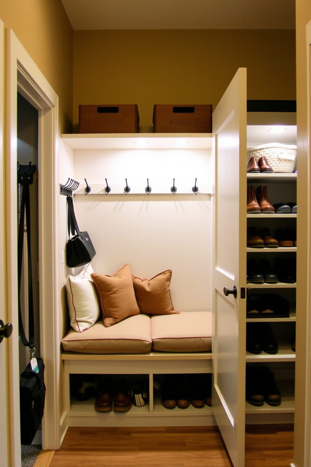 A versatile mudroom features a combination of hooks and shelves for optimal organization. The walls are painted in a warm neutral tone, and a durable bench sits in the center, adorned with plush cushions. The small closet under the staircase is designed to maximize space with built-in shelves and a sliding door. Soft lighting illuminates the interior, showcasing neatly arranged storage for shoes and seasonal items.