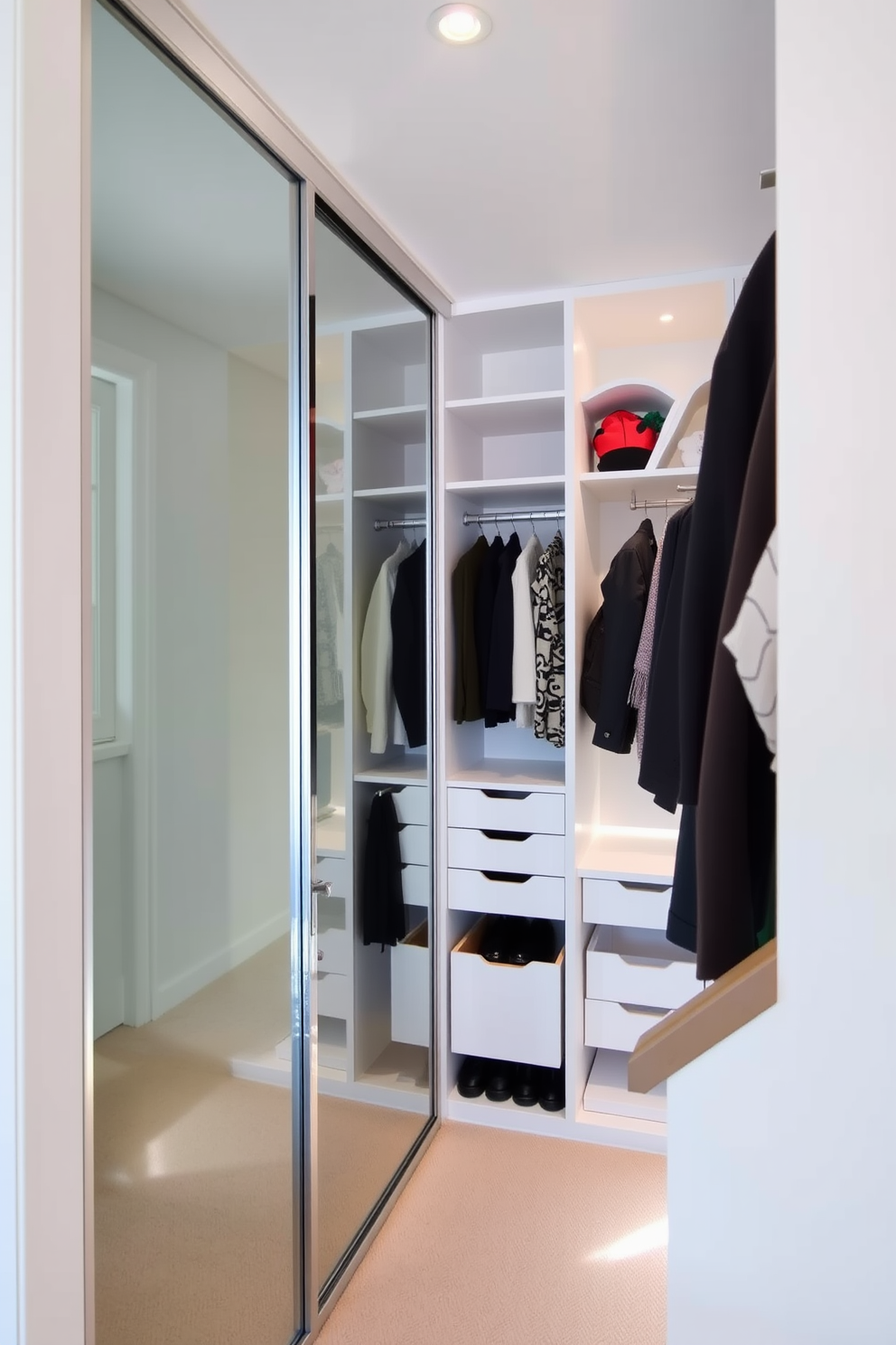 A bright closet features mirrored sliding doors that reflect natural light, creating an illusion of spaciousness. The interior is organized with built-in shelves and hanging rods, maximizing storage while maintaining a clean aesthetic. The small closet under the staircase is designed with clever storage solutions, including pull-out drawers and vertical shelving. Soft lighting illuminates the space, enhancing its functionality and charm while keeping it inviting and stylish.