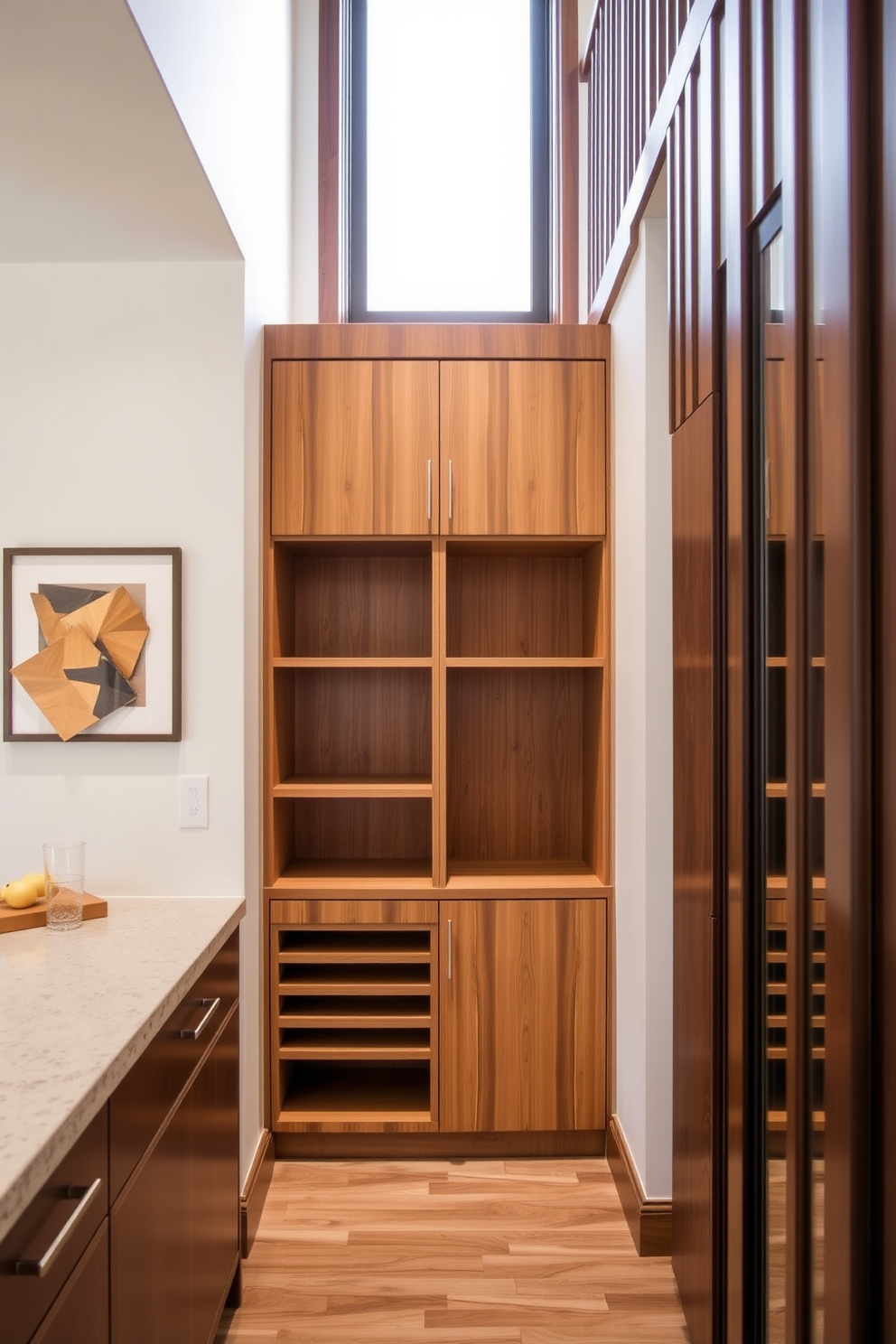 Custom cabinetry designed for maximum storage efficiency under the staircase. The cabinetry features sleek, modern lines with a combination of open shelving and closed compartments, all finished in a warm wood tone that complements the surrounding space.