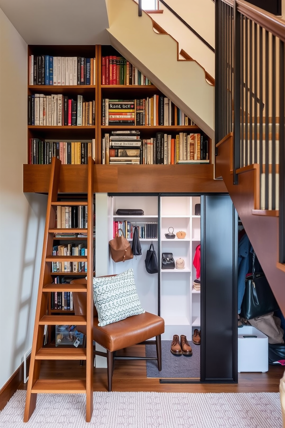 A cozy mini library tucked under the stairs features a wooden ladder for easy access to the bookshelves. The shelves are filled with an array of books, and a comfortable reading chair is placed nearby, creating an inviting reading nook. The small closet under the staircase is designed with sleek sliding doors, maximizing the use of space. Inside, custom shelving and hooks provide ample storage for shoes, bags, and other essentials, keeping the area organized and functional.