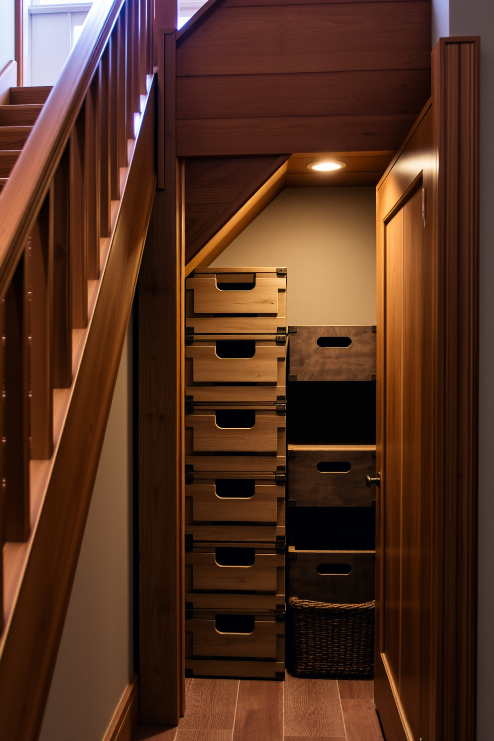 A cozy small closet under the staircase features rustic wooden crates stacked neatly for storage. Soft ambient lighting highlights the natural wood tones, creating a warm and inviting atmosphere.