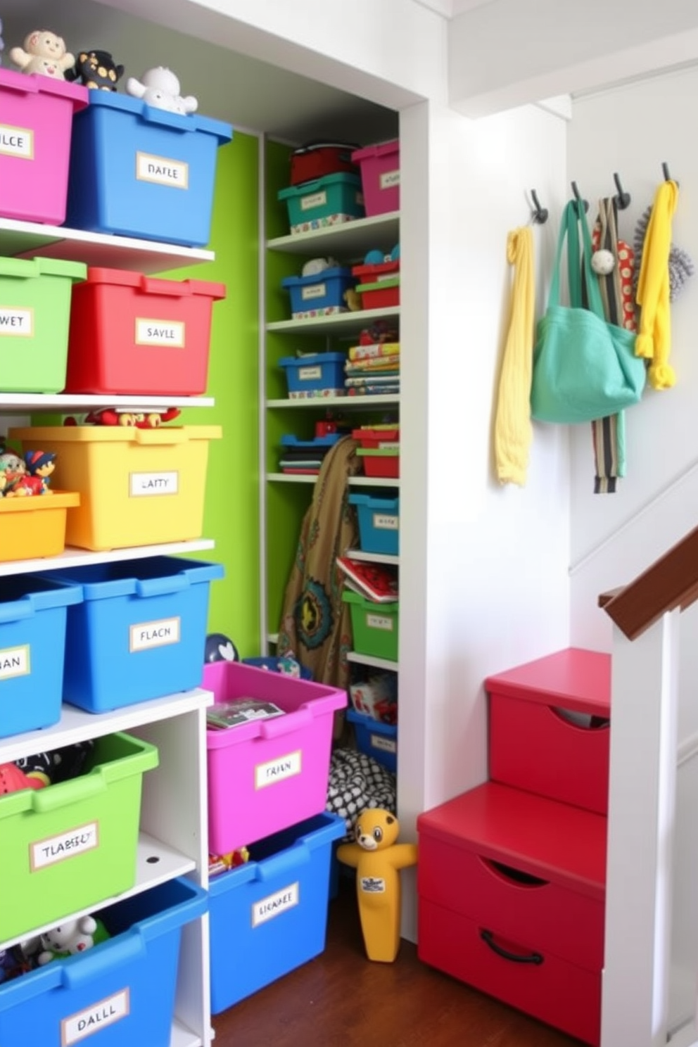 Colorful toy storage with labeled bins. The storage area features bright, engaging colors with organized bins that are clearly labeled for easy access. Small closet under staircase design ideas. The space is optimized with custom shelving and hooks, creating a functional and stylish storage solution.