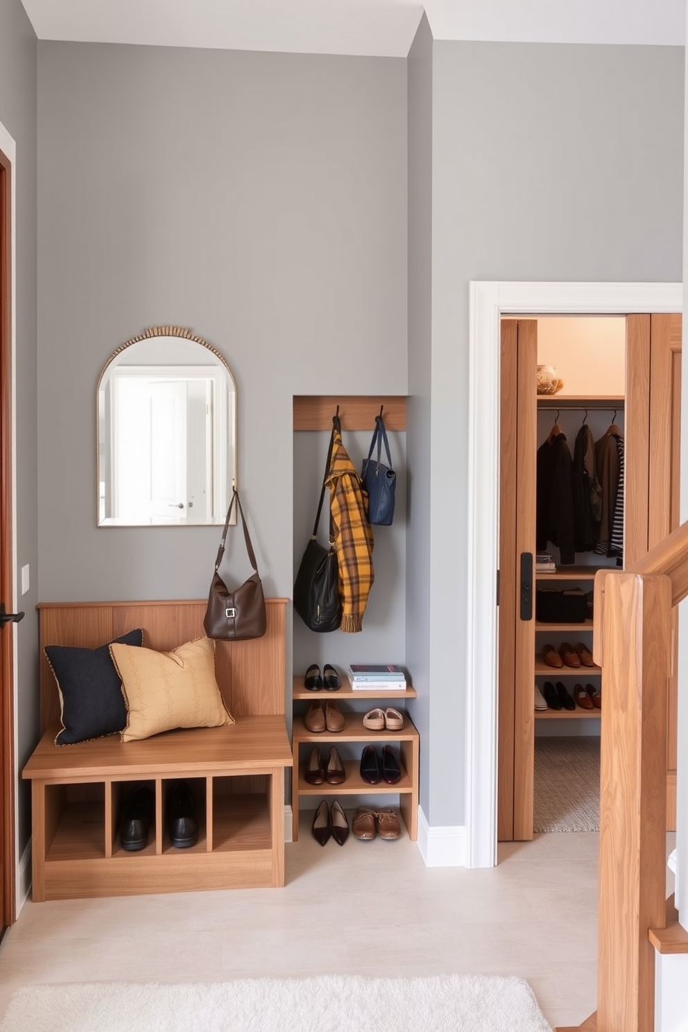 Stylish entryway featuring a sleek coat rack with a minimalist design and a built-in shoe storage bench. The walls are painted in a soft gray hue, complemented by warm wood accents and a decorative mirror above the bench. Small closet under staircase designed with sliding doors for easy access and efficient use of space. Inside, there are organized shelves for shoes and seasonal items, along with hooks for bags and jackets.