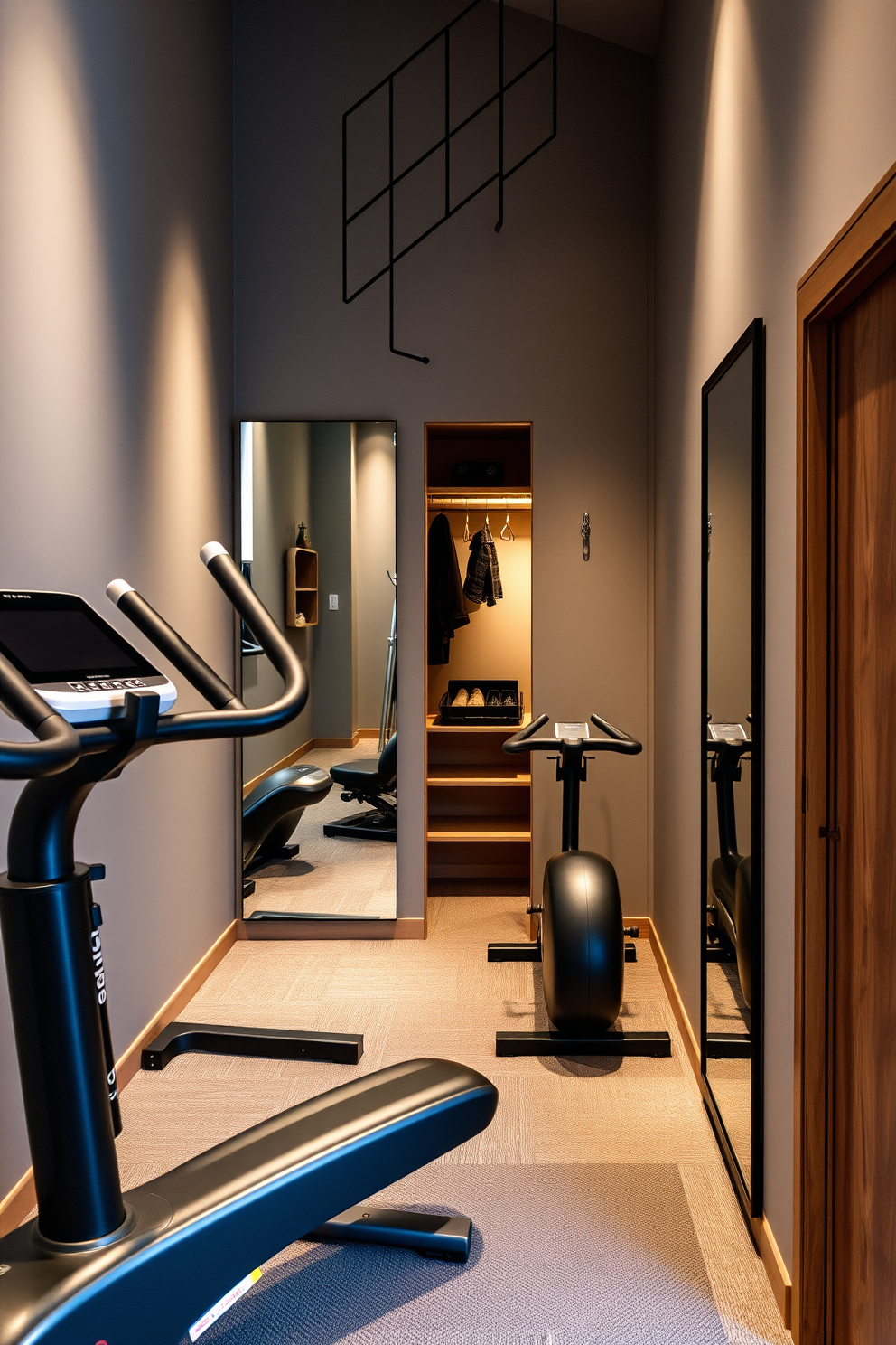 A compact home gym features sleek, modern exercise equipment neatly organized for functionality. The walls are painted in a calming color, and large mirrors reflect the space, creating an open feel. The small closet under the staircase is designed with clever shelving and hooks to maximize storage. Soft lighting illuminates the space, making it both practical and inviting.