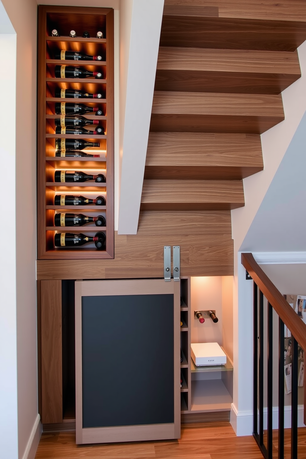 A stylish wine storage area is designed under the staircase featuring custom wooden racks that hold an assortment of bottles. The space is illuminated with warm LED lighting that highlights the rich wood tones and creates an inviting atmosphere. The small closet under the staircase is optimized for storage with built-in shelves and hooks for organization. The door is a sleek sliding design that blends seamlessly with the surrounding wall, enhancing the overall aesthetic of the space.