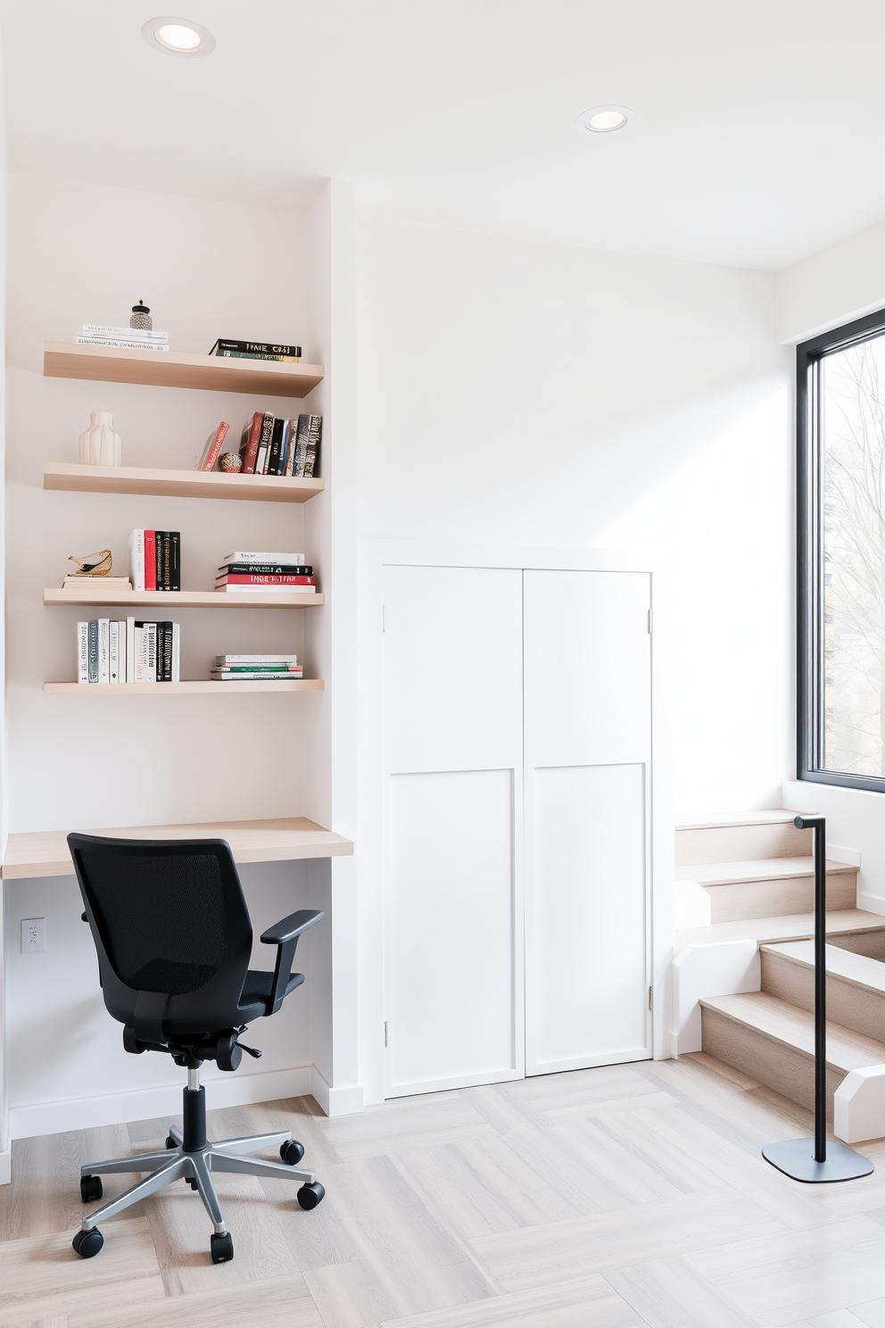 A modern office setup features sleek floating shelves mounted on a white wall, providing ample space for books and decorative items. A minimalist desk with a comfortable ergonomic chair faces a large window that allows natural light to fill the room. The small closet under the staircase is designed with sliding doors that blend seamlessly with the surrounding wall. Inside, built-in shelves and hooks maximize storage, making it an efficient and stylish use of space.