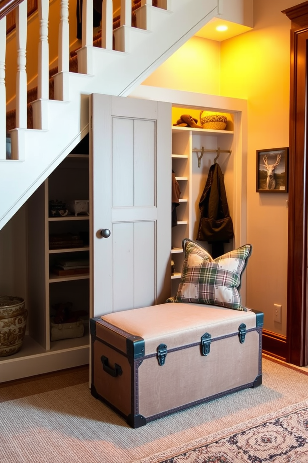 A vintage trunk serves as both a storage solution and a charming seating option in a cozy entryway. The trunk is upholstered in a soft fabric, surrounded by warm lighting and decorative pillows for added comfort. The small closet under the staircase is designed to maximize space while maintaining a stylish appearance. Shelving units are incorporated alongside hooks for coats, with a sliding door that blends seamlessly with the staircase design.