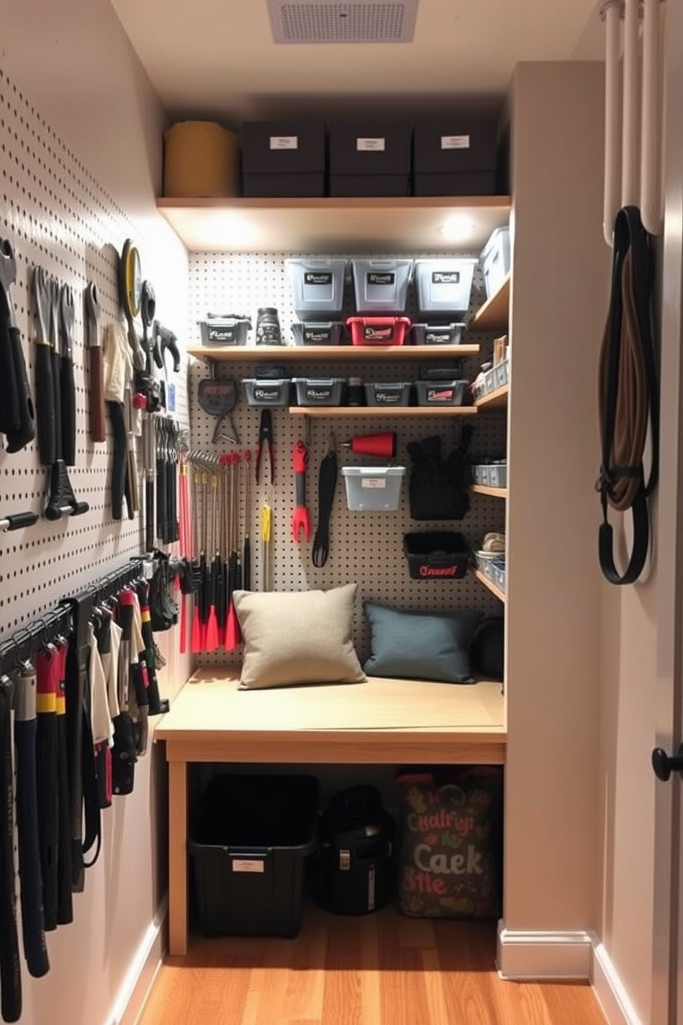 Organized tool storage for DIY enthusiasts. The space features wall-mounted pegboards with neatly arranged tools, labeled bins for small items, and a sturdy workbench illuminated by bright task lighting. Small closet under staircase design ideas. The closet is transformed into a functional storage area with built-in shelves, a pull-out ladder for easy access, and a cozy reading nook created with a cushioned seat and soft lighting.