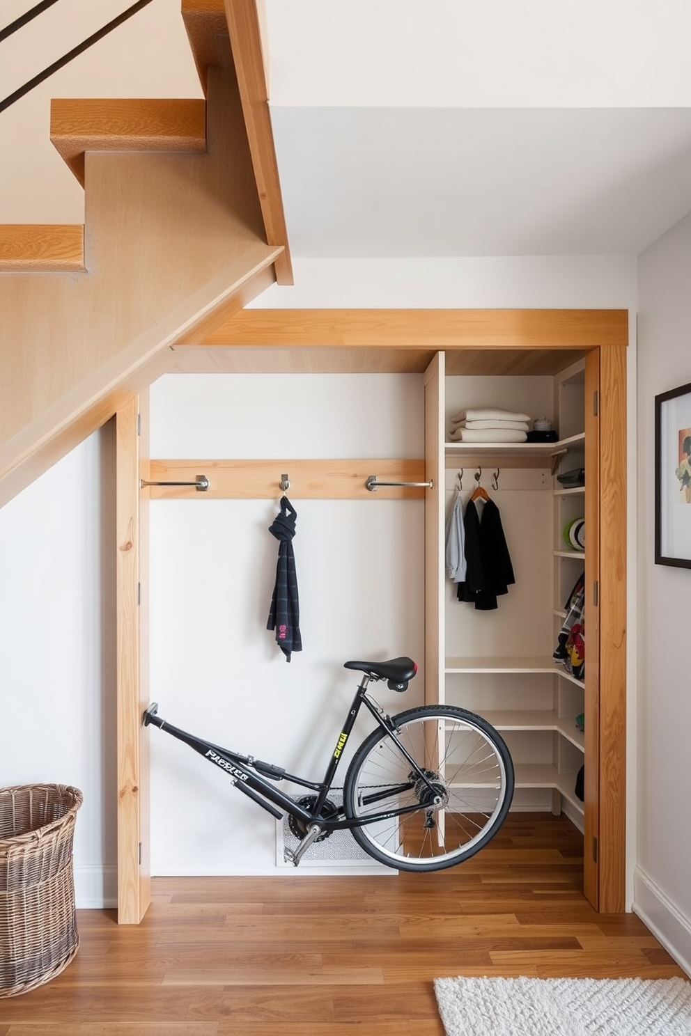 A functional bike rack is integrated into the space beneath the staircase, allowing for easy access while maintaining a sleek appearance. The design features a minimalist aesthetic with a wooden frame that complements the surrounding decor. Adjacent to the bike rack, a small closet is cleverly designed to maximize storage without compromising accessibility. The closet doors are finished in a light color that brightens the area, and the interior is organized with shelves and hooks for optimal functionality.