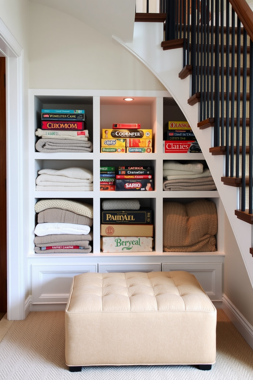 A cozy blanket and game storage area nestled under the staircase creates a warm and inviting atmosphere. The space features built-in shelves filled with colorful board games and neatly folded blankets in soft textures. The walls are painted in a light, neutral tone to enhance the brightness of the area. A plush, oversized ottoman is placed in front of the shelves, inviting family and friends to gather and enjoy game night.