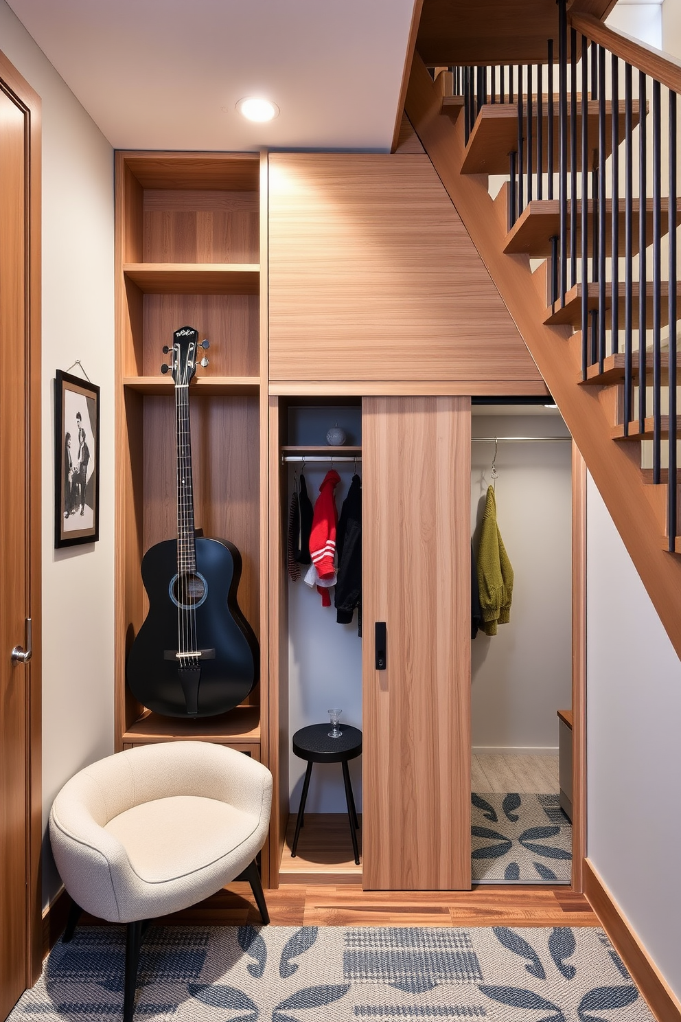 A functional music corner featuring a sleek wooden shelving unit designed for instrument storage. The area includes a cozy seating arrangement with a plush chair and a small side table, creating an inviting space for practice and relaxation. Small closet under the staircase designed for optimal space utilization. The design incorporates built-in shelves and hooks for organization, with a sliding door that complements the surrounding decor seamlessly.