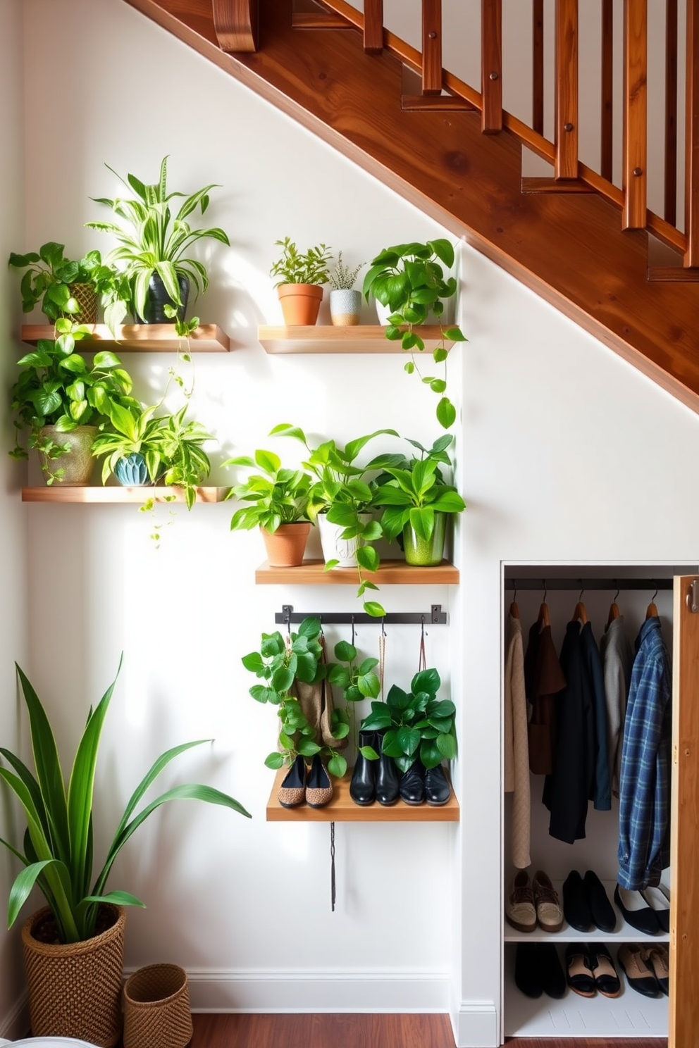 A creative plant display features a variety of lush green plants arranged on floating wooden shelves. The shelves are positioned against a bright white wall, enhancing the vibrancy of the foliage and creating a refreshing indoor garden feel. The small closet under the staircase is designed with sliding barn doors for easy access. Inside, it features built-in shelves and hooks for efficient storage of shoes and accessories, maximizing the use of space in a stylish manner.