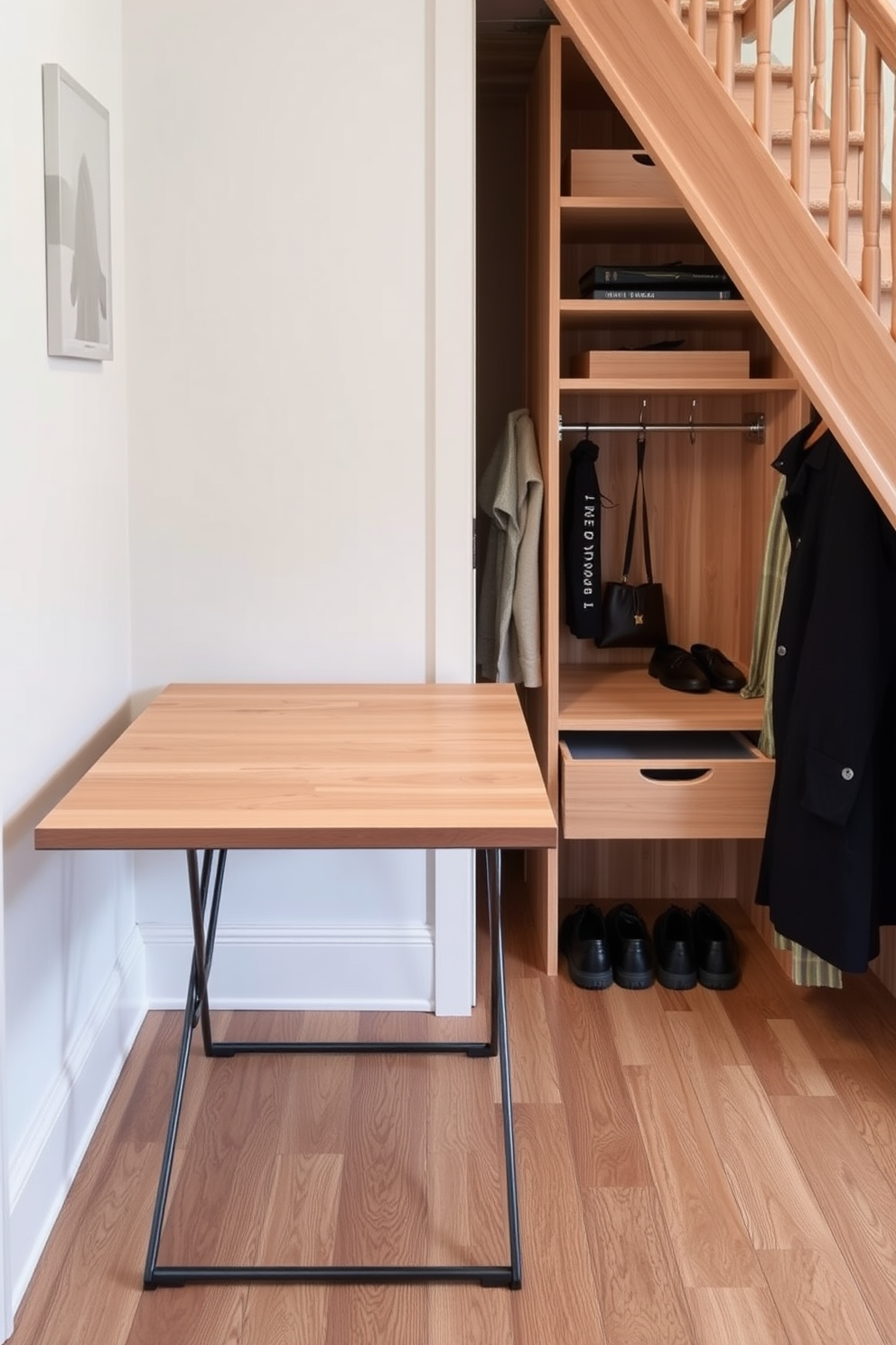 A space-saving folding table for dining is designed to maximize functionality in a compact area. The table features a sleek wooden surface that folds down easily, complemented by minimalist metal legs for stability. The small closet under the staircase is optimized for storage and organization. It includes custom shelving, hooks for coats, and a pull-out drawer for shoes, all finished in a light wood to enhance the space.