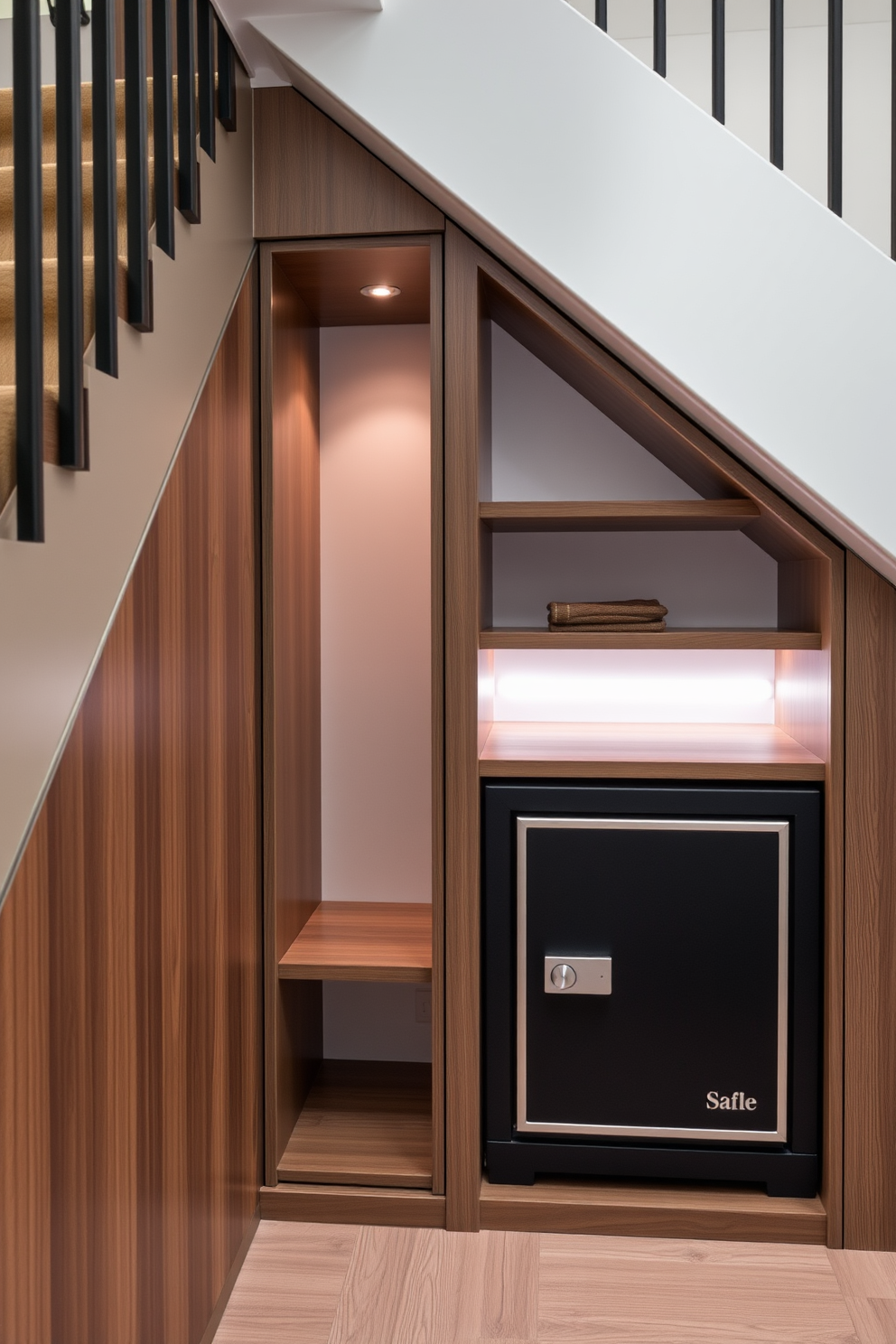 A hidden safe is discreetly integrated into the wall of a small closet located under the staircase. The closet features shelving for storage and a soft ambient light that highlights the safe's entrance. The design utilizes a combination of wood and metal finishes to create a modern yet functional space. Clever organization solutions maximize storage while maintaining a clean and minimalist look.