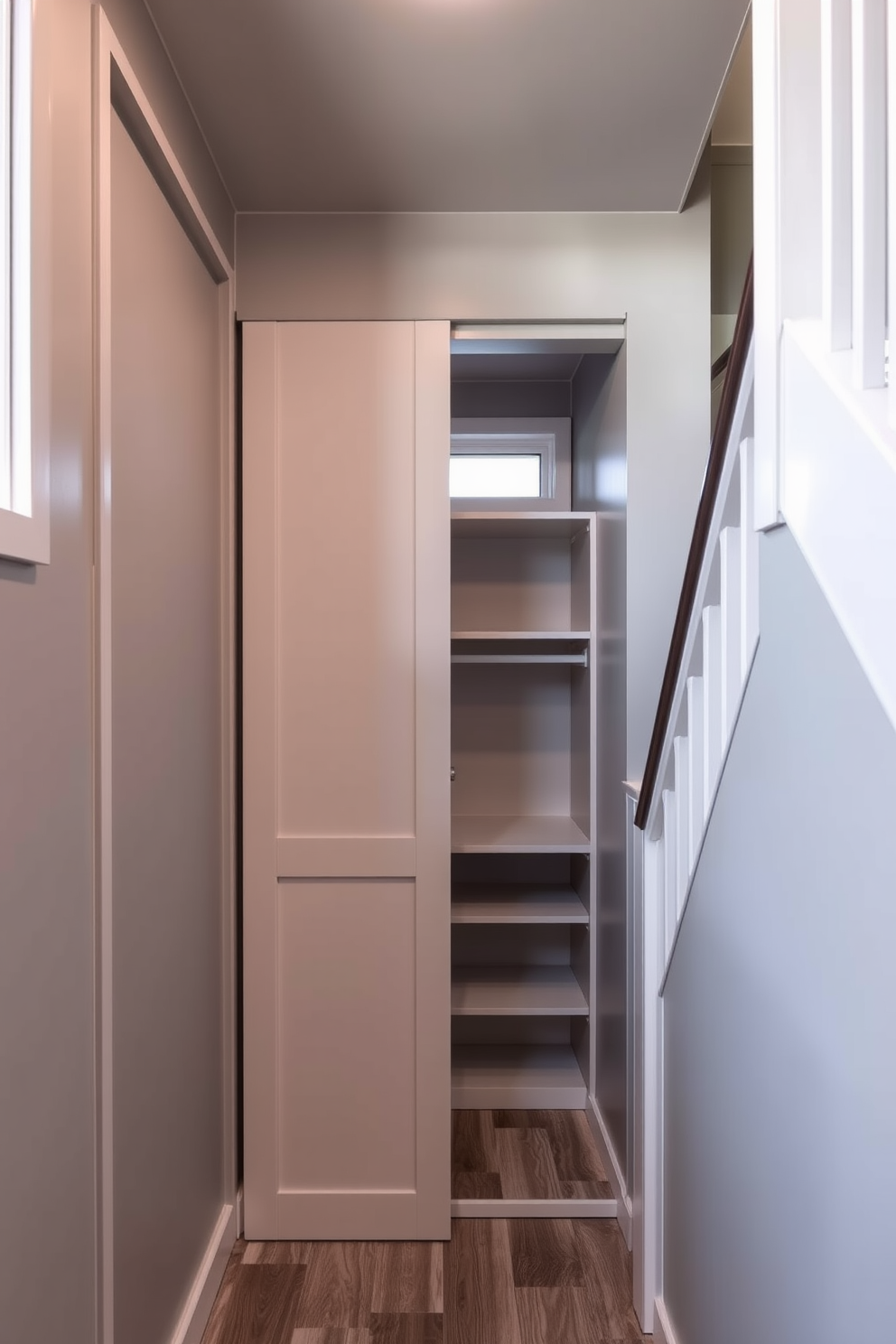 A compact home office with a hidden desk features a sleek design that maximizes space. The walls are painted in a soft gray, and natural light floods in through a small window, creating an inviting atmosphere. The small closet under the staircase is cleverly designed with built-in shelves and hanging space. The door is a minimalist sliding design, allowing easy access while maintaining a clean look.