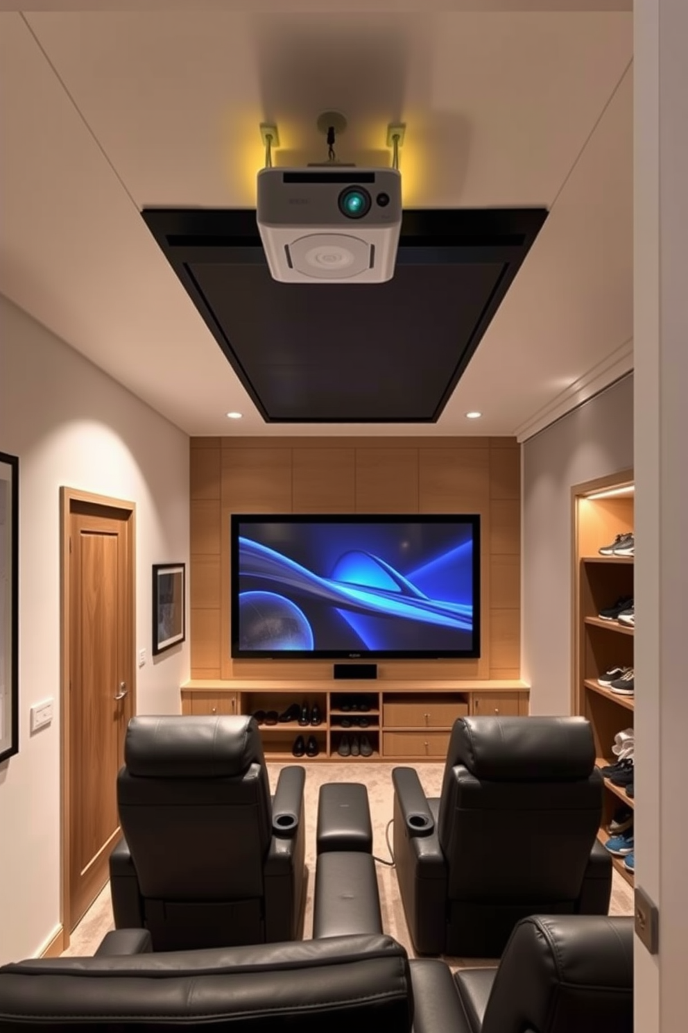 A compact home theater setup featuring a sleek projector mounted on the ceiling with a large retractable screen in front. The seating consists of plush, dark leather recliners arranged in a semi-circle, with ambient LED lighting highlighting the walls. A small closet designed under the staircase with built-in shelves for shoes and accessories. The door features a minimalist design, and the interior is painted in a light color to enhance the sense of space.