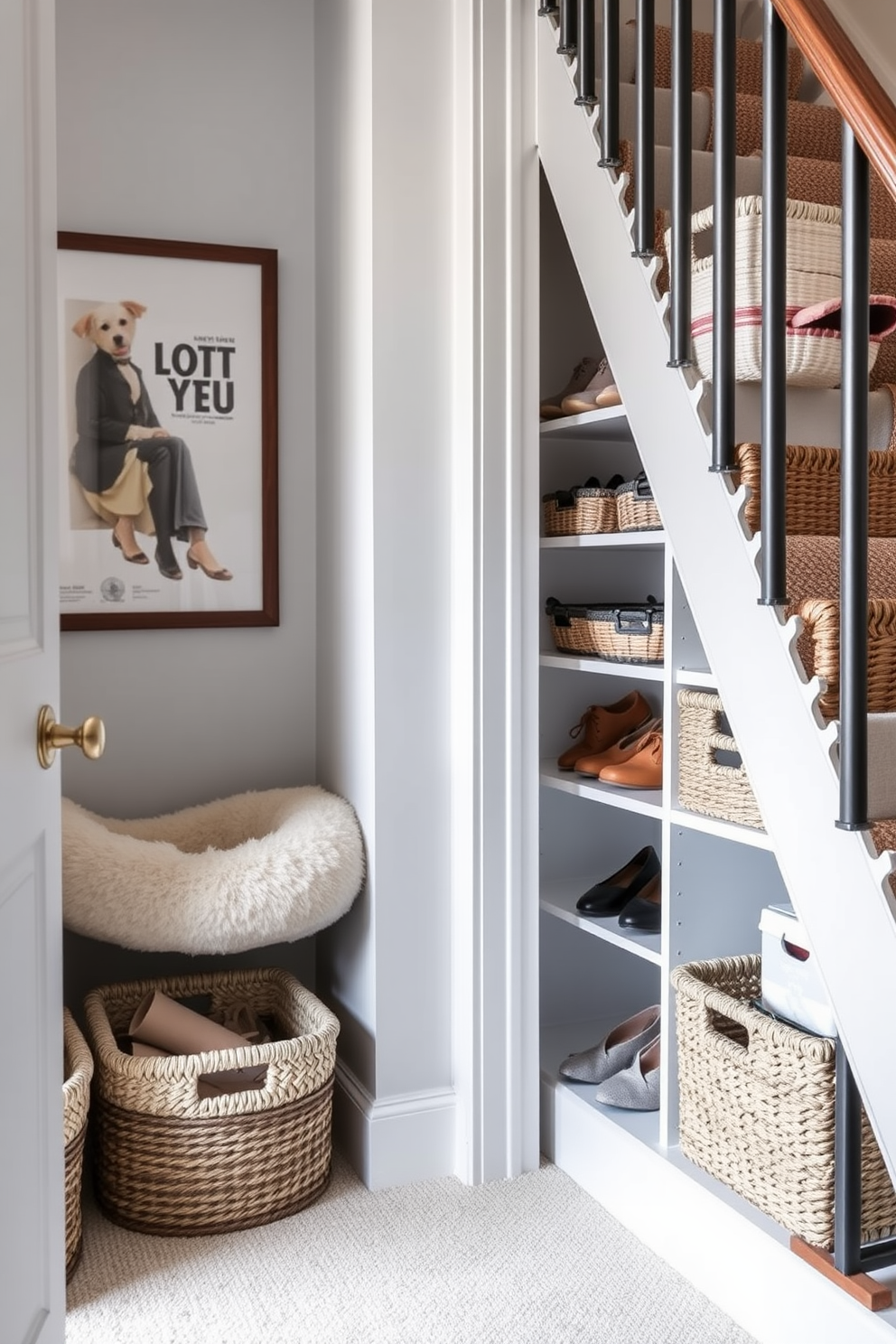 Chic pet corner with storage baskets. This space features a cozy pet bed nestled in a corner, surrounded by stylish storage baskets for toys and supplies. Small closet under staircase design ideas. The closet is designed with custom shelving for shoes and accessories, utilizing the vertical space efficiently while maintaining a clean and organized look.