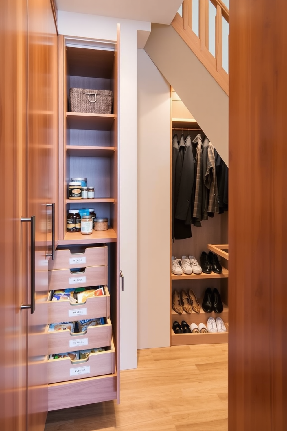 A functional pantry with pull-out drawers features sleek cabinetry in a warm wood finish. The drawers are organized with labeled containers for easy access to dry goods and spices. The small closet under the staircase is designed with built-in shelving and hanging space for coats and shoes. Soft lighting illuminates the interior, creating an inviting and efficient storage solution.