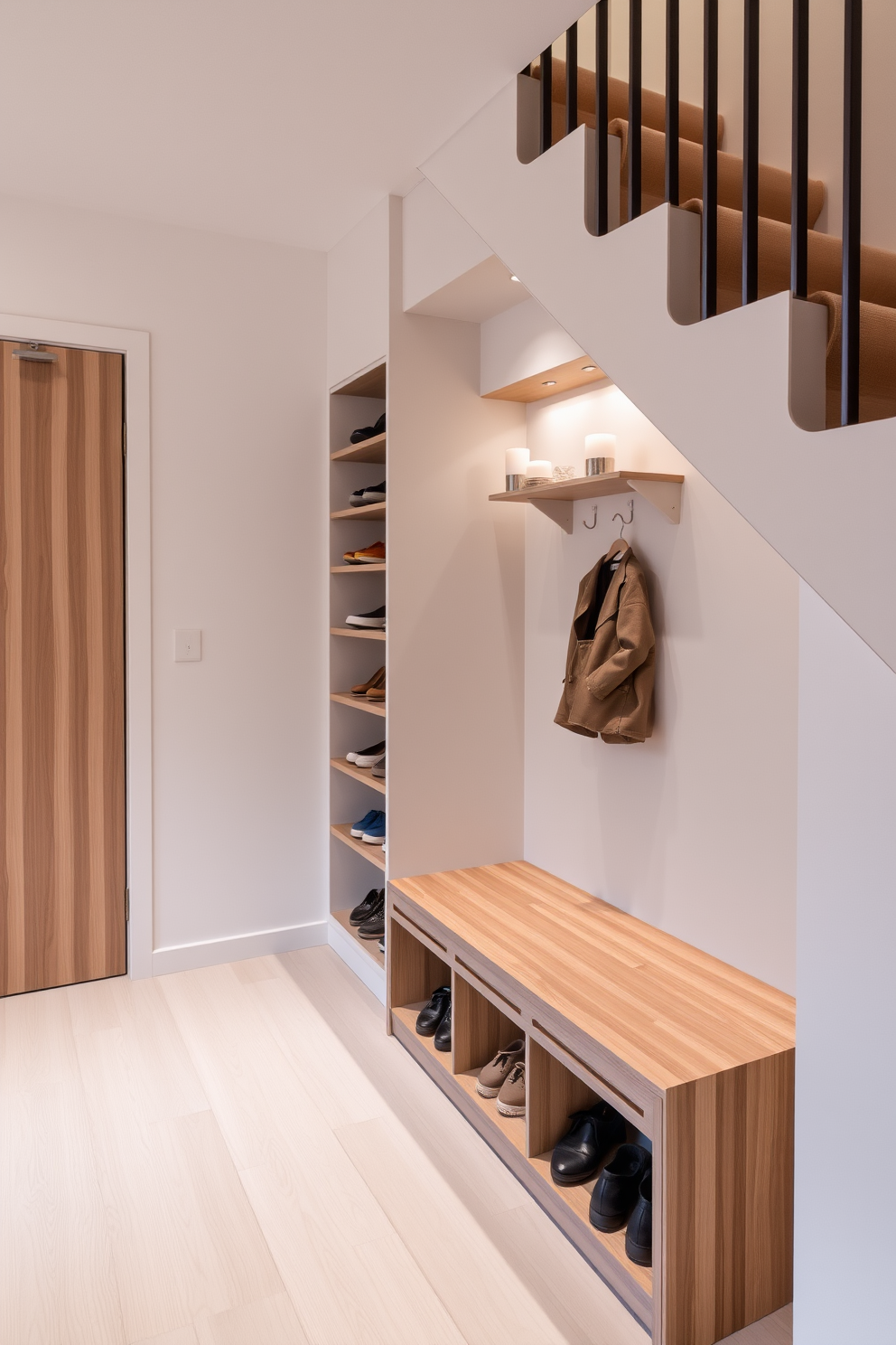 A minimalist shoe storage area features a sleek wooden bench with built-in compartments for organizing shoes. The space is illuminated by soft ambient lighting, creating a serene atmosphere. The small closet under the staircase is designed with open shelving and hooks for easy access to shoes and accessories. Neutral colors and clean lines enhance the functionality while maintaining a stylish look.