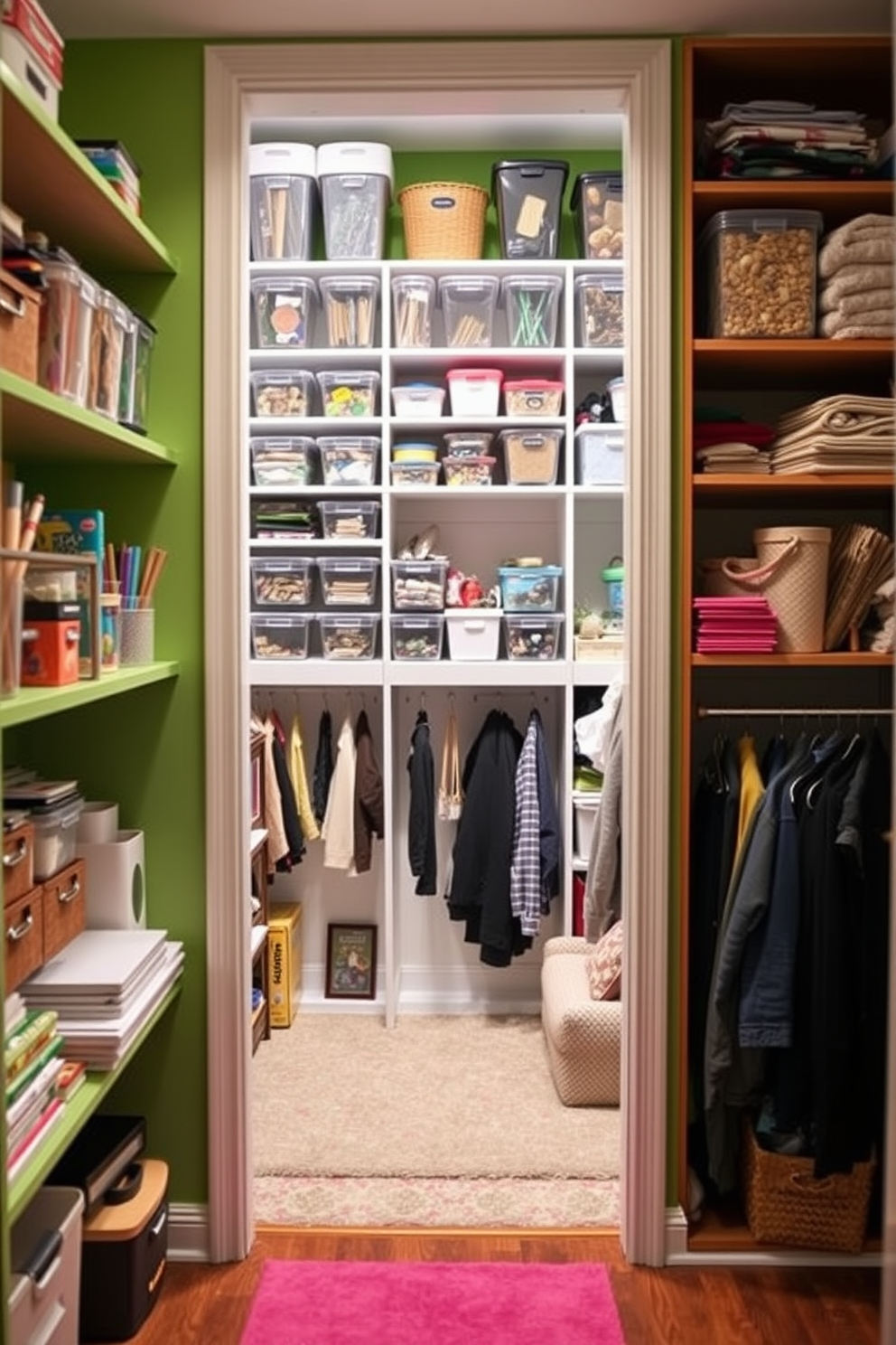 A creative craft space filled with organized supplies. The walls are painted in a bright, cheerful color, and shelves are lined with clear containers showcasing various materials. Small closet under staircase design ideas that maximize storage. The space features custom shelving and hooks for hanging items, with a cozy reading nook tucked into one corner.